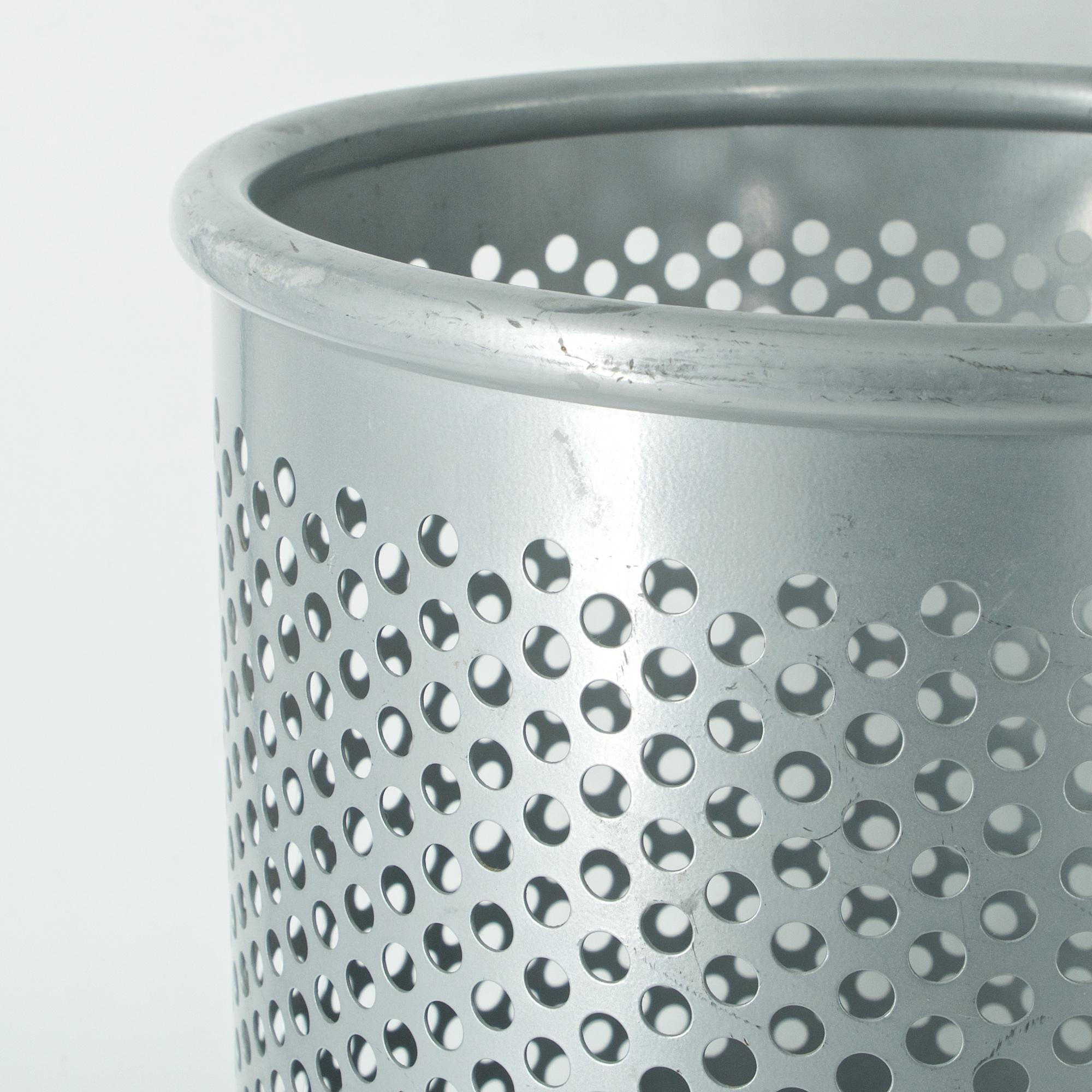 Late 20th Century Grey Perforated Metal Office Wastebasket Trash Can Italy Memphis Sottsass OSX