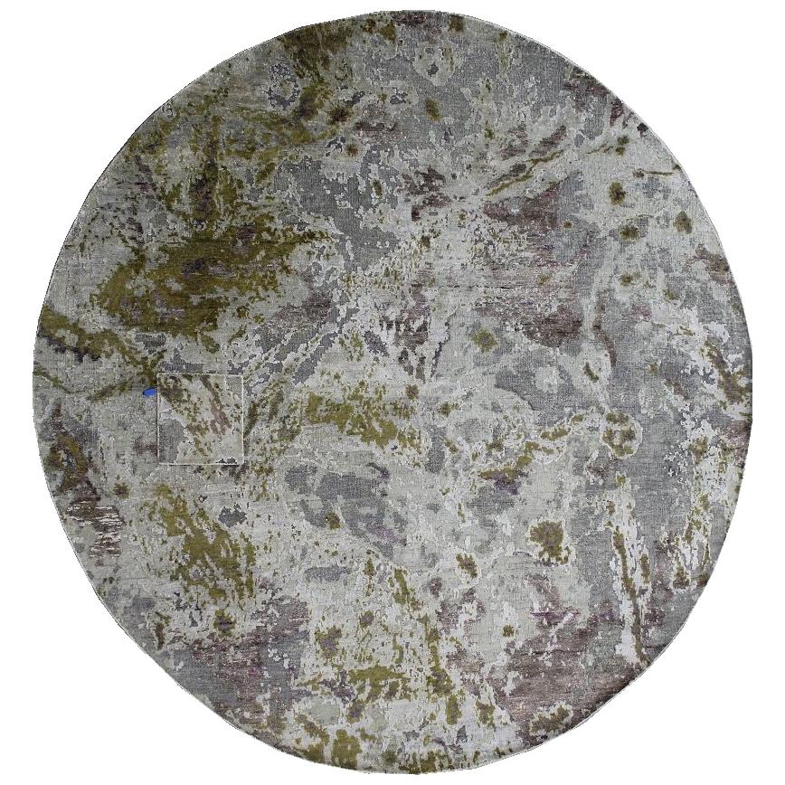 Tapis contemporain tissé rond en laine et soie gris, rose et taupe à multiples pieds