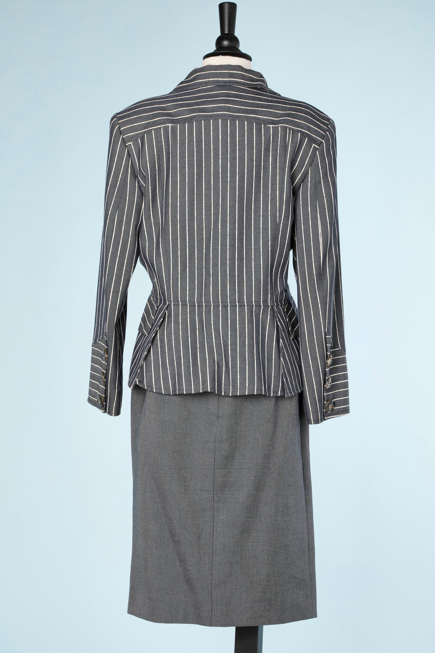 Grey pinstrip double breasted skirt suit with enamel buttons Christian Lacroix  In Excellent Condition For Sale In Saint-Ouen-Sur-Seine, FR