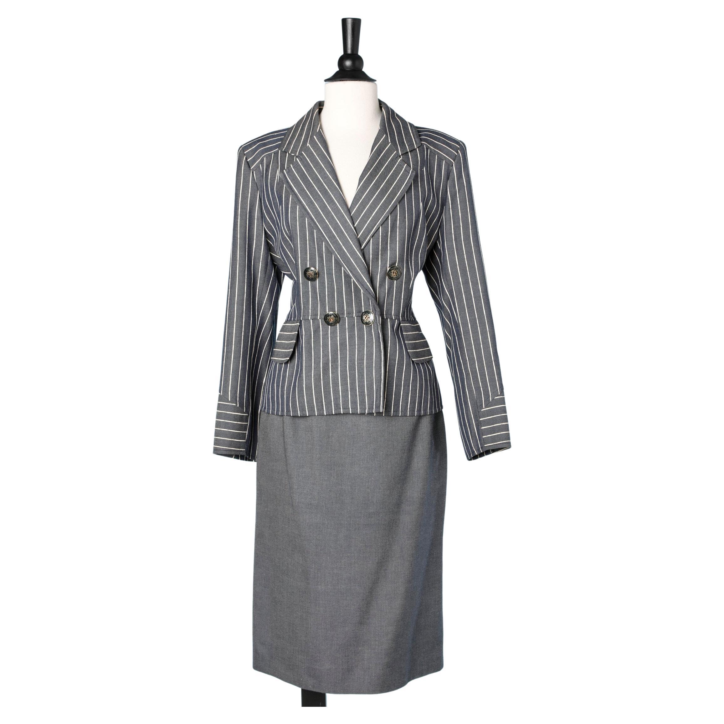 Grey pinstrip double breasted skirt suit with enamel buttons Christian Lacroix  For Sale