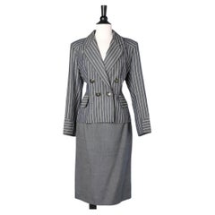 Grey pinstrip double breasted skirt suit with enamel buttons Christian Lacroix 