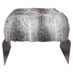 Grey Rabbit Fur Ottoman Bench with Black Chrome Base
