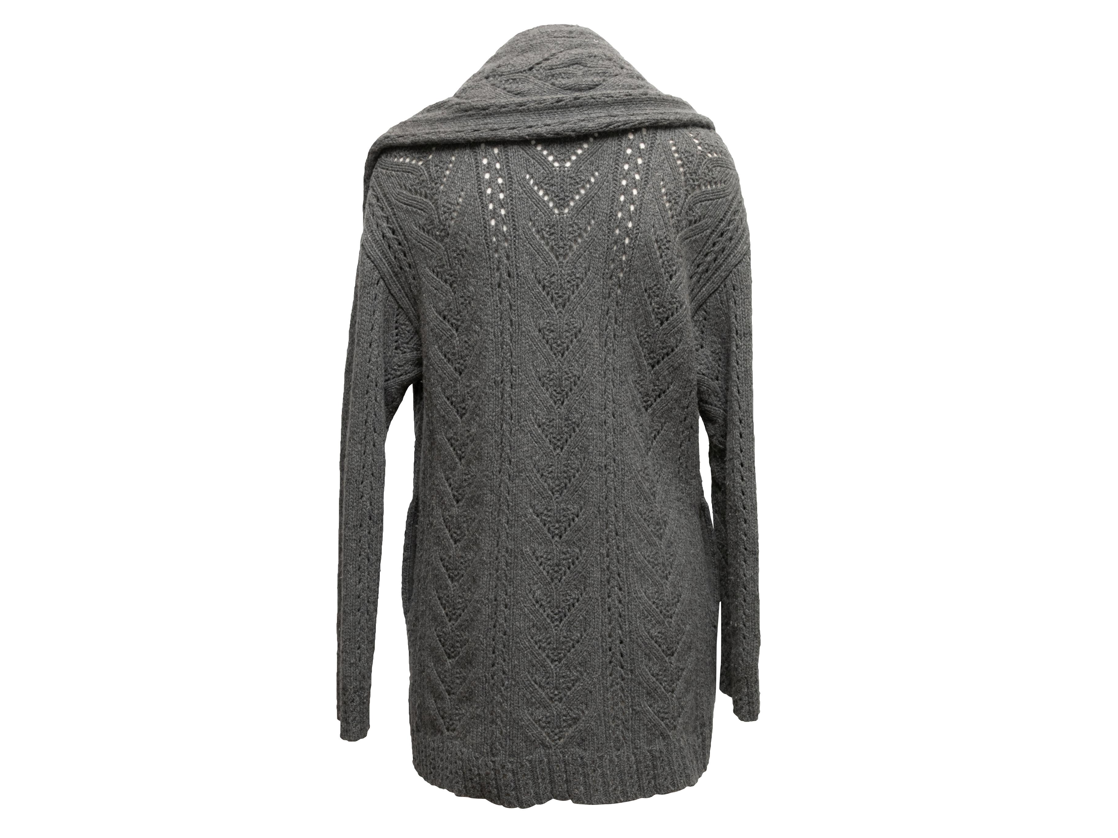 Product Details: Grey merino wool and cashmere-blend longline open knit cardigan by Ralph Lauren Black Label. Oversized shawl collar. Open front. 42