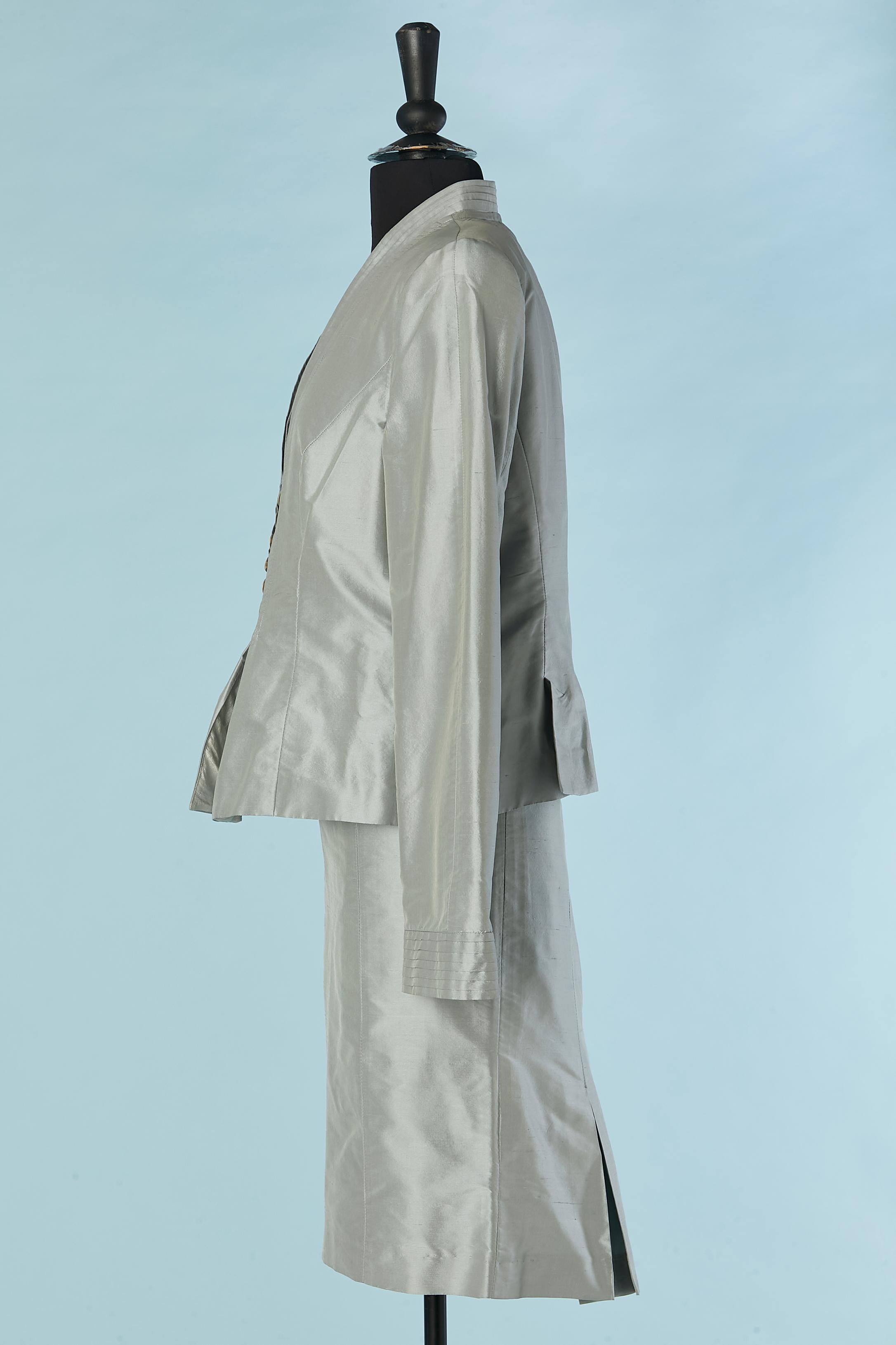 grey raw-silk skirt suit with pleated neckline ARMANI Collezioni New with tag In New Condition For Sale In Saint-Ouen-Sur-Seine, FR