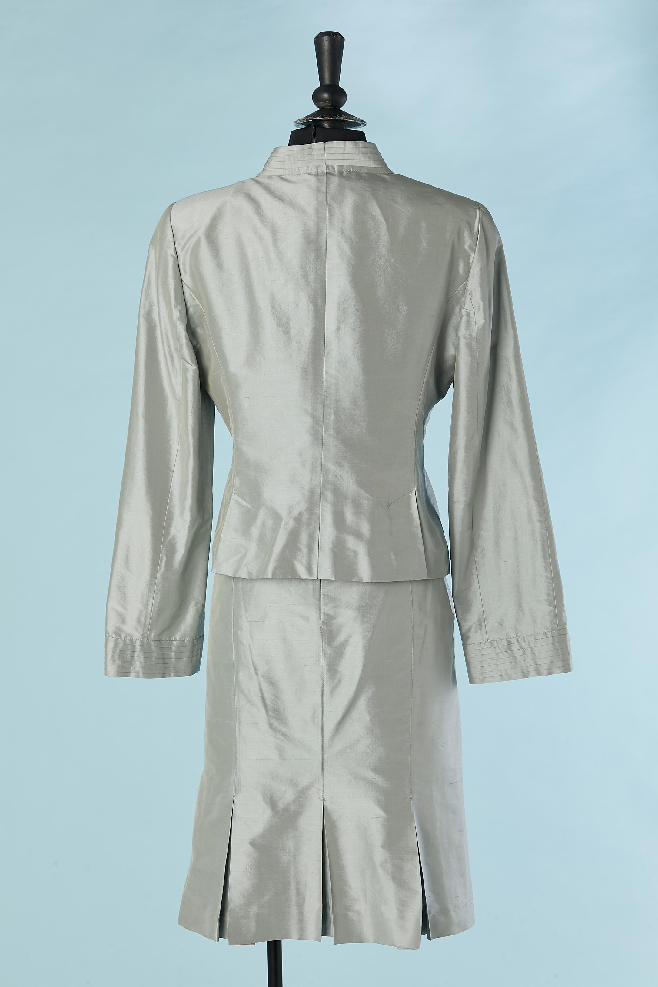 Women's grey raw-silk skirt suit with pleated neckline ARMANI Collezioni New with tag For Sale