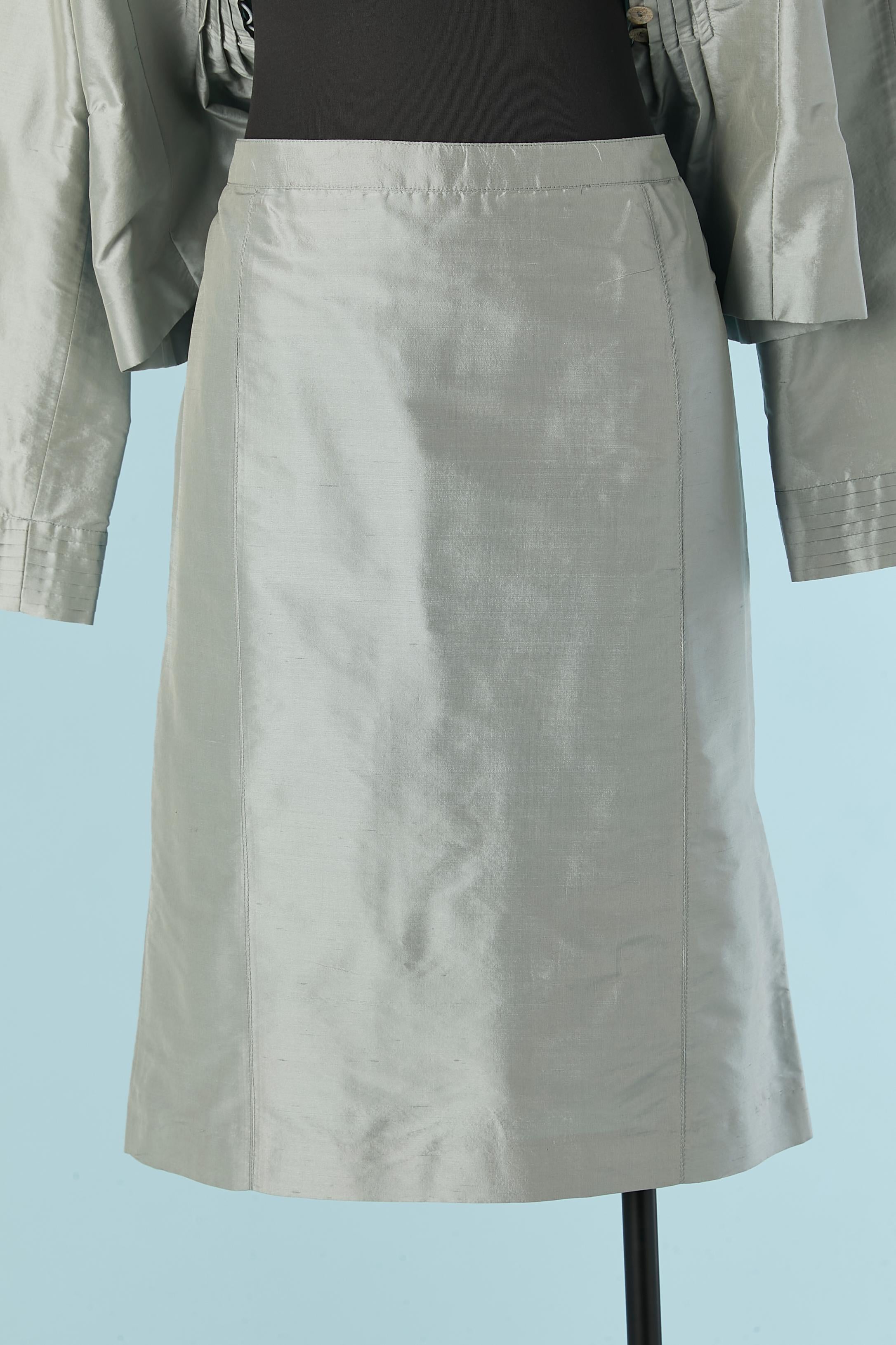 grey raw-silk skirt suit with pleated neckline ARMANI Collezioni New with tag For Sale 1
