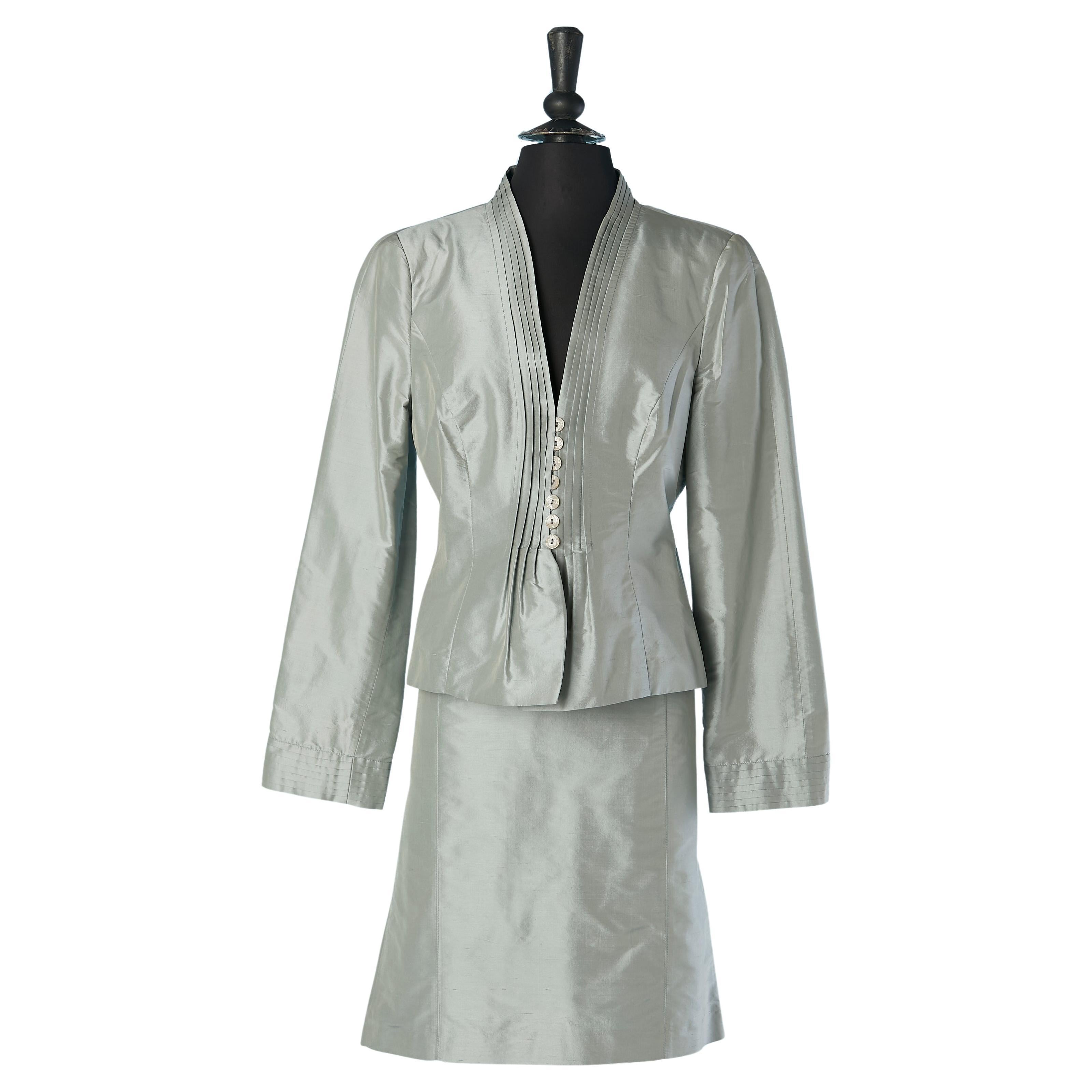 grey raw-silk skirt suit with pleated neckline ARMANI Collezioni New with tag For Sale