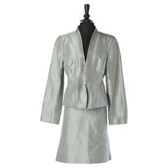 grey raw-silk skirt suit with pleated neckline ARMANI Collezioni New with tag