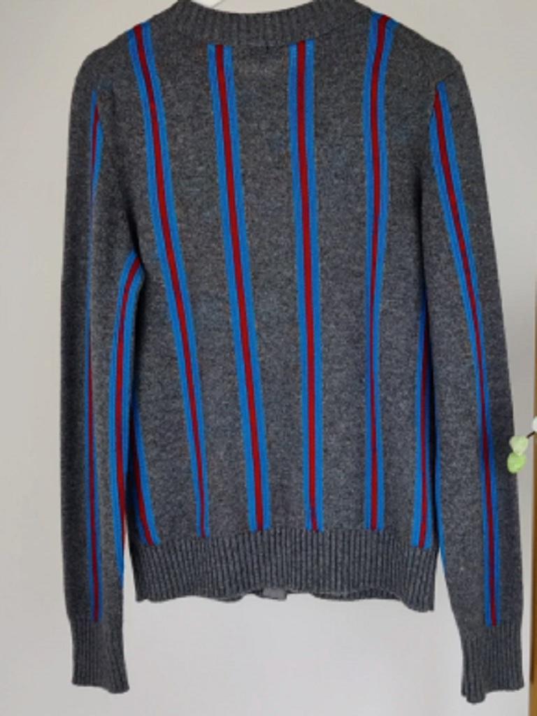 red and blue striped cardigan