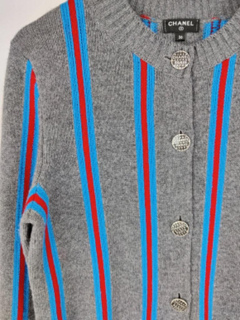 Purple Grey, Red & Blue Striped Cashmere Knit Cardigan For Sale