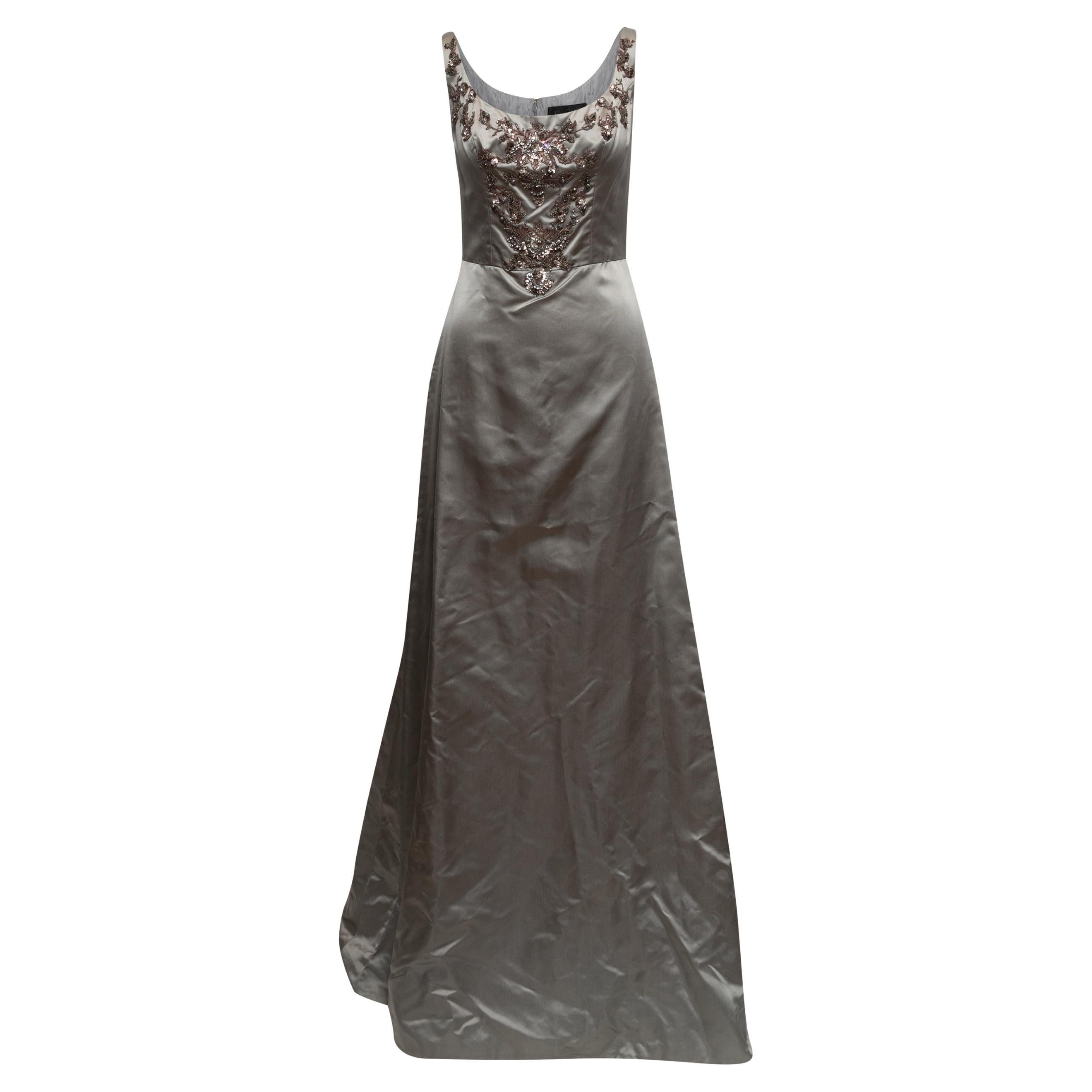 Vestido de noche gris Reem Acra de seda con adornos sin mangas Talla US S en venta