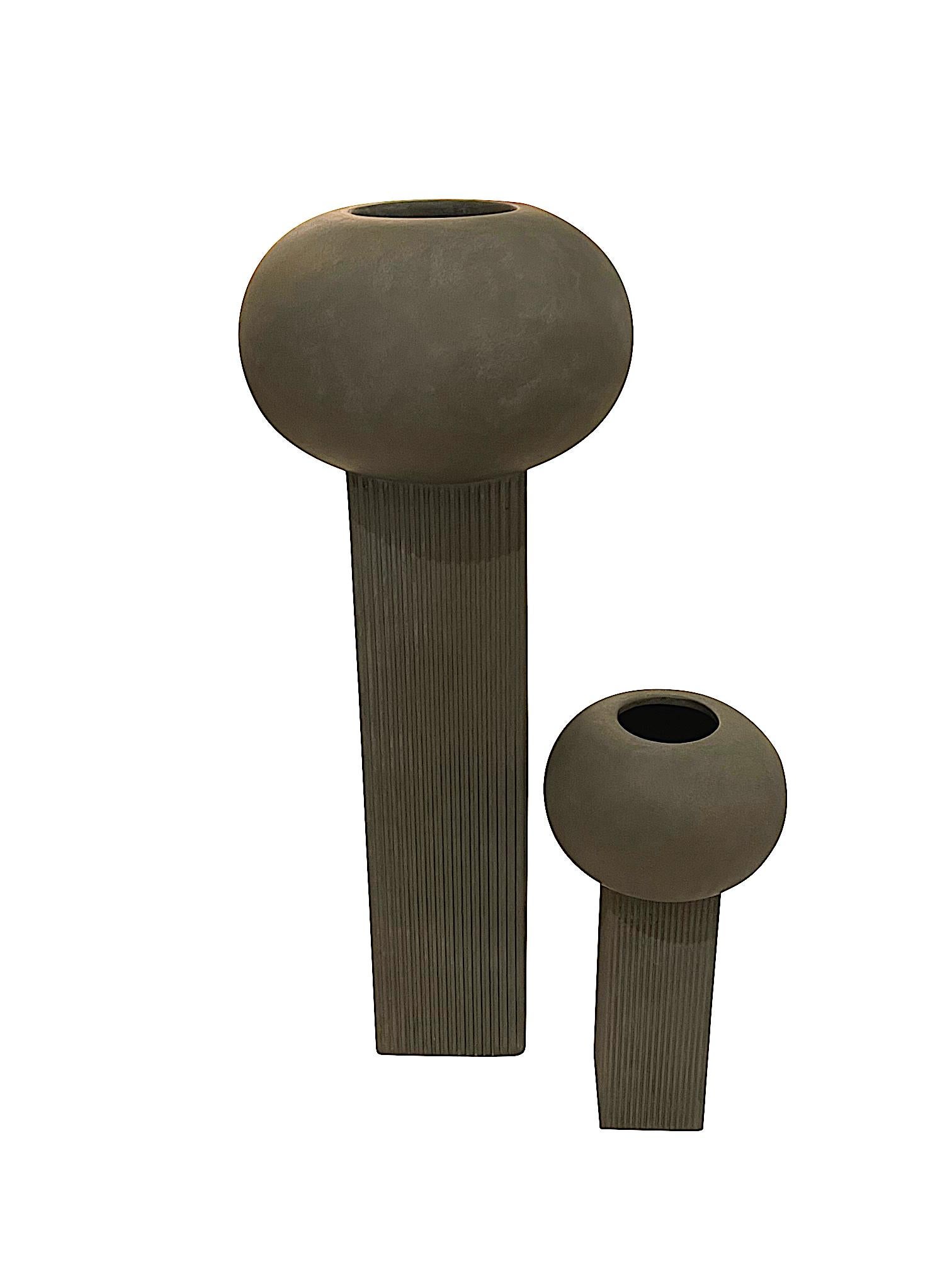 Ceramic Grey Ribbed Column with Globe Top Danish Design Vase, Contemporary For Sale
