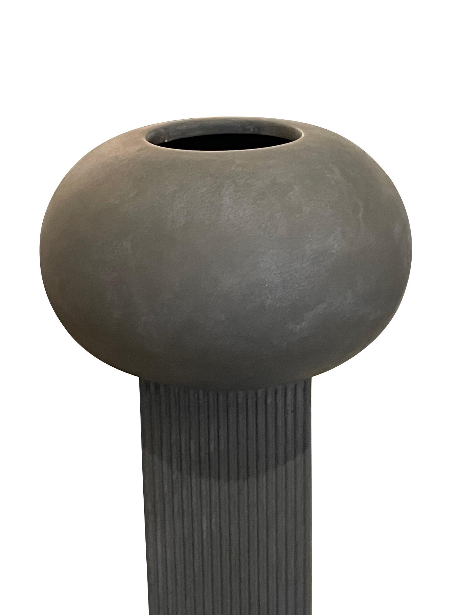 Ceramic Grey Ribbed Column With Globe Top Large Danish Design Vase, Contemporary