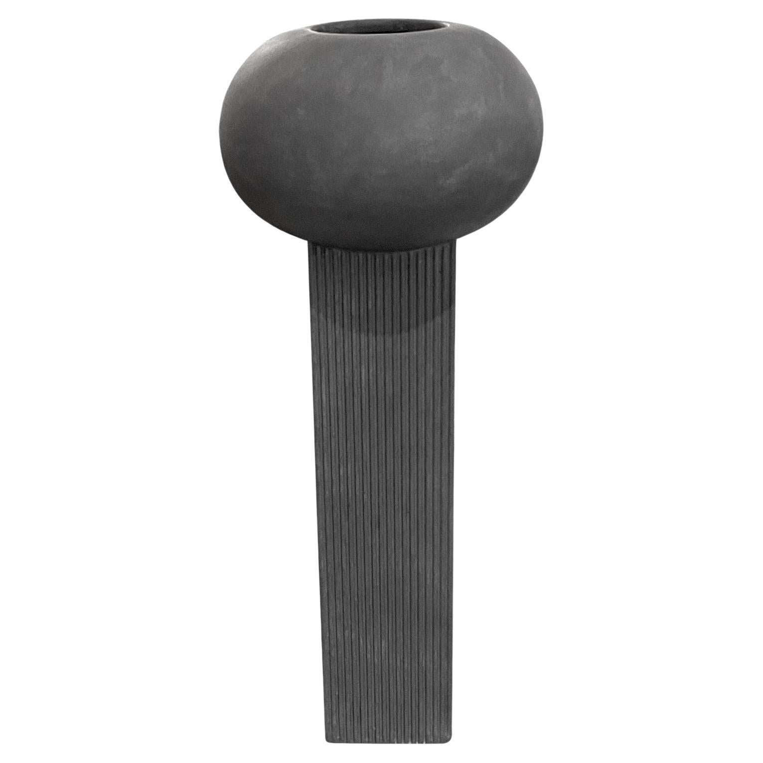 Grey Ribbed Column With Globe Top Large Danish Design Vase, Contemporary