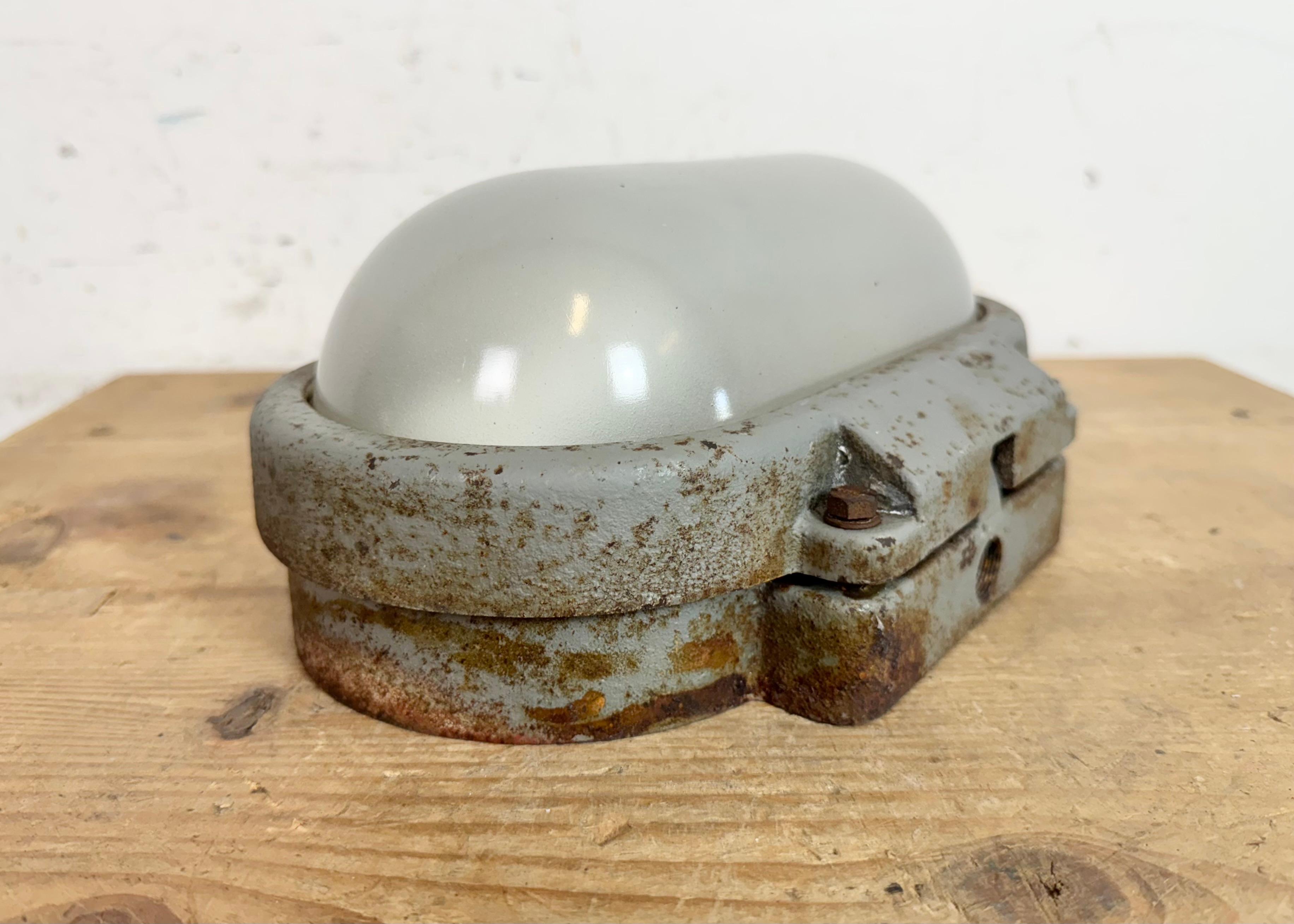 Milk Glass Grey Rusty Industrial Cast Iron Wall Light from Elektrosvit, 1960s For Sale