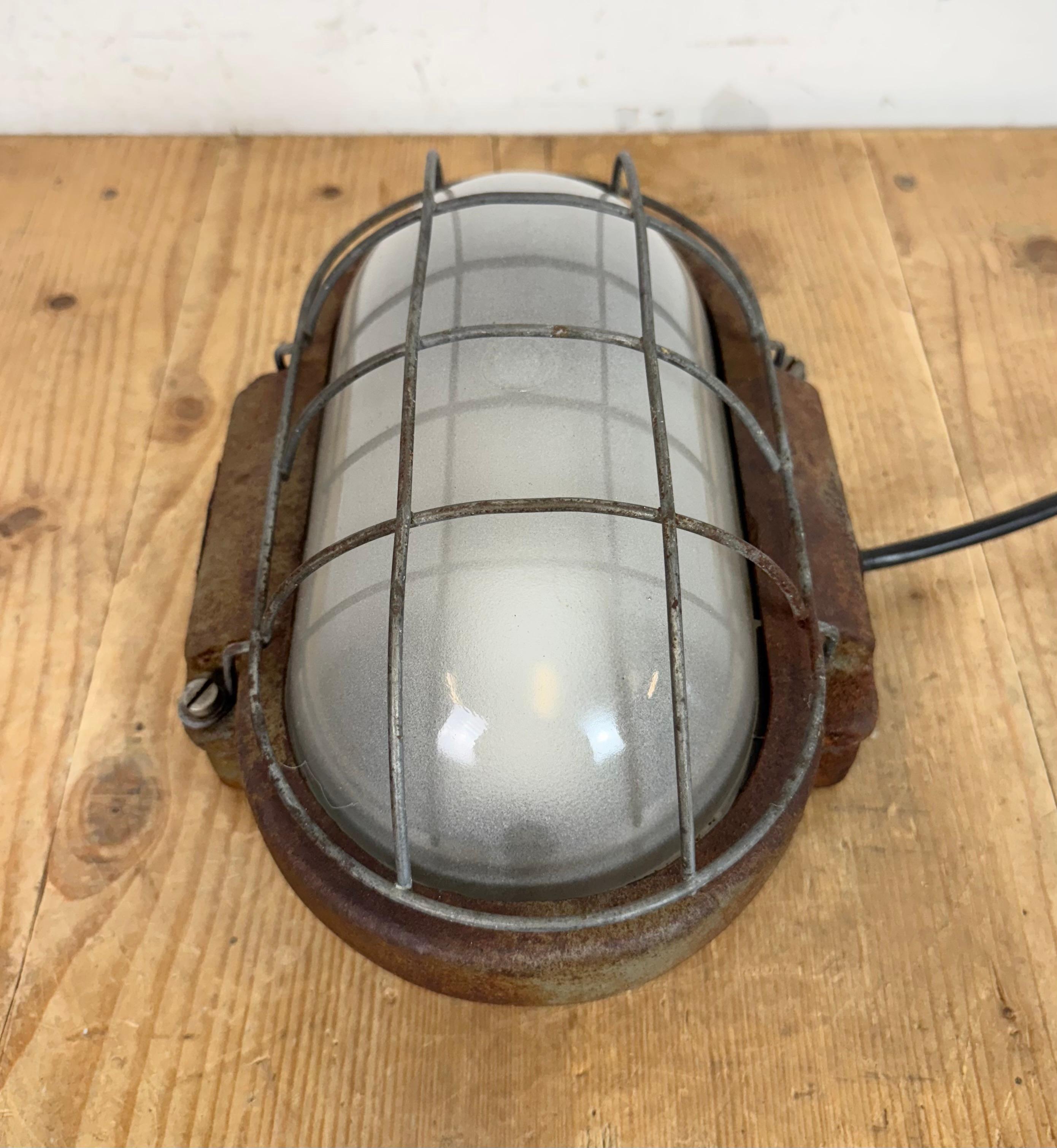 Milk Glass Grey Rusty Industrial Cast Iron Wall Light from Elektrosvit, 1960s For Sale