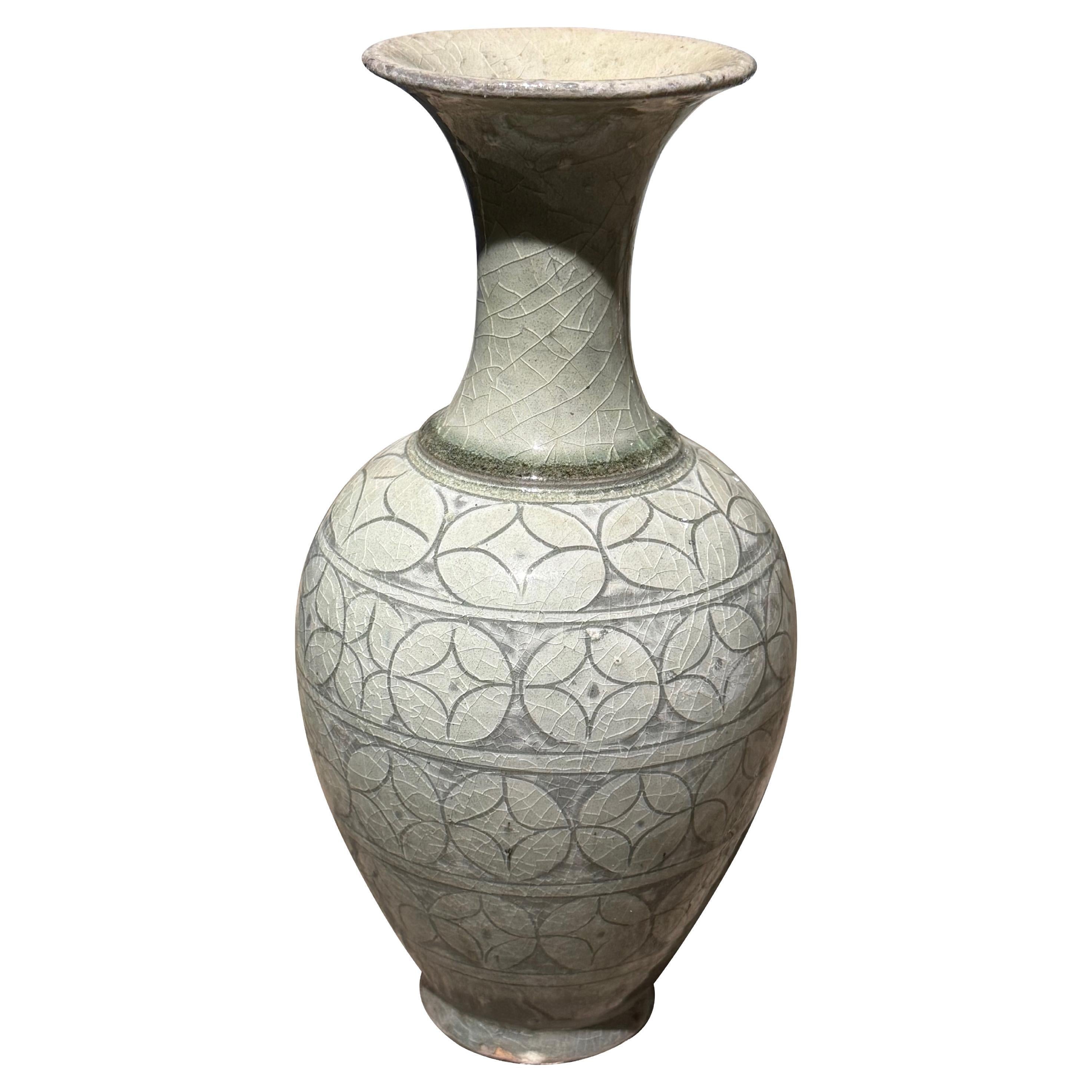 Grey, Sage Geometric Pattern Short Funnel Neck Vase, China, Contemporary