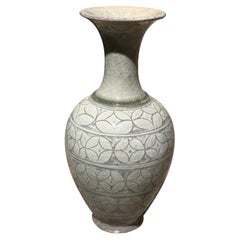Grey, Sage Geometric Pattern Short Funnel Neck Vase, China, Contemporary