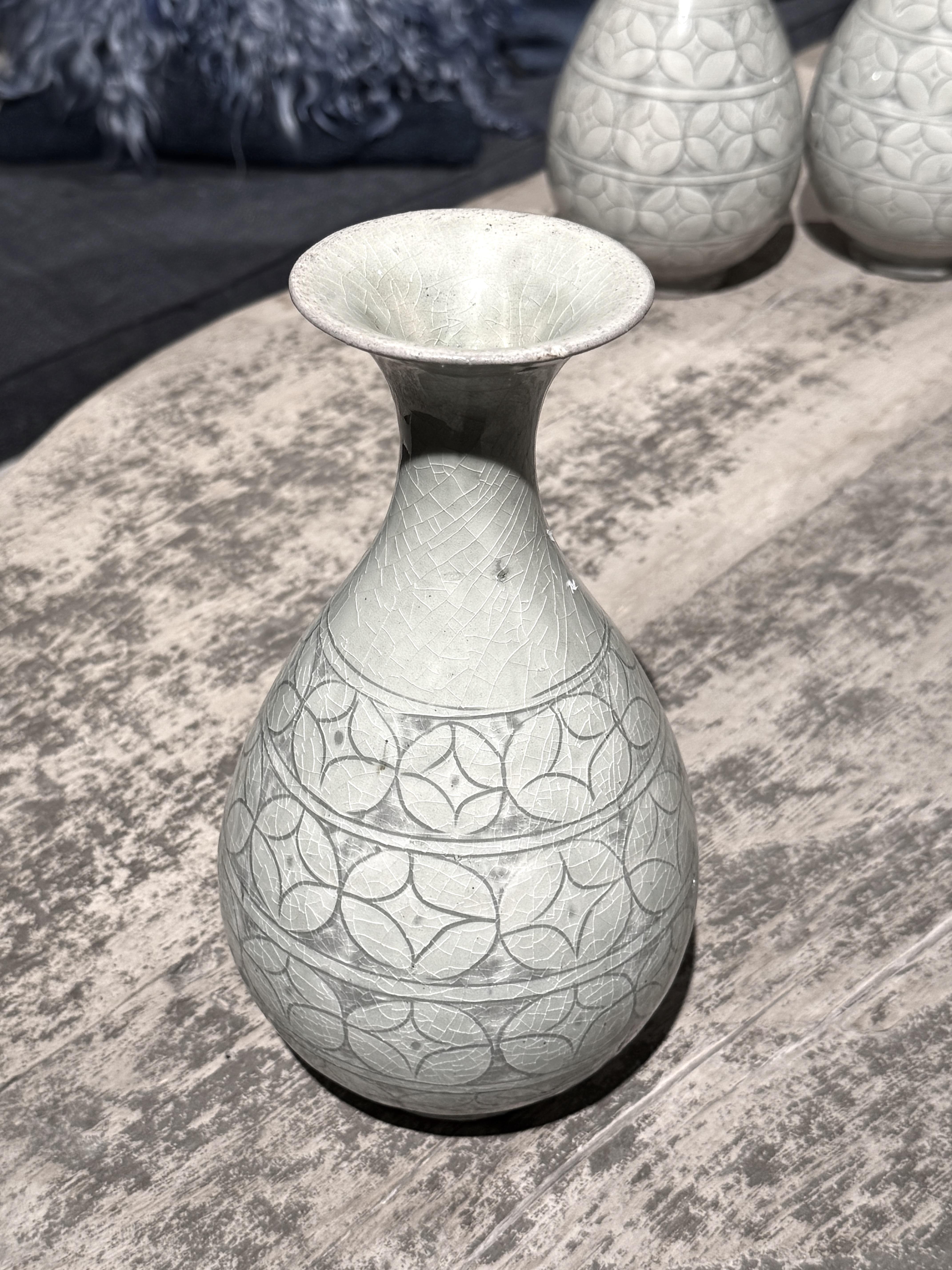 Chinese Grey, Sage Geometric Patterned Tulip Shape Vase, China, Contemporary For Sale