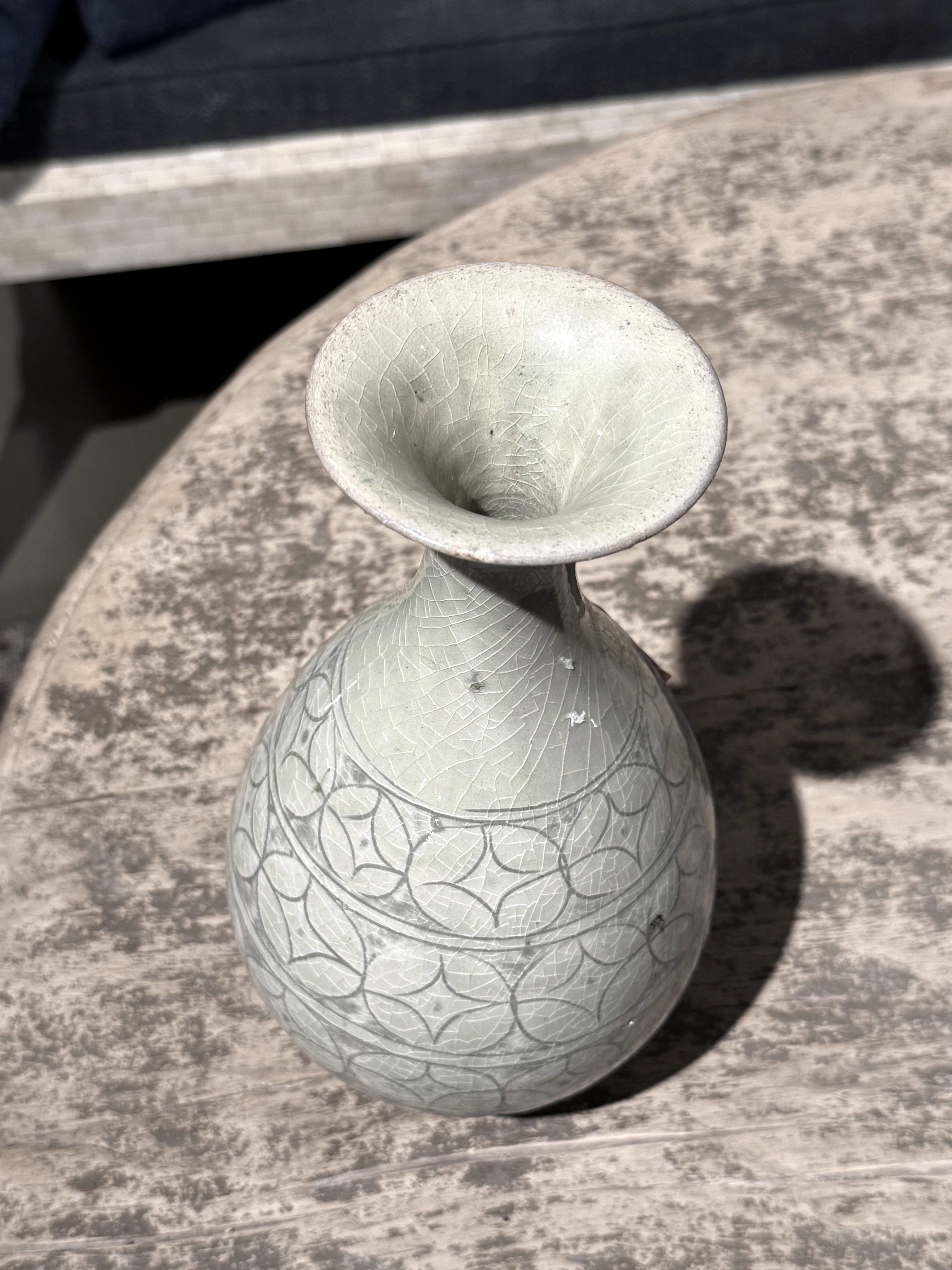 Grey, Sage Geometric Patterned Tulip Shape Vase, China, Contemporary For Sale 1