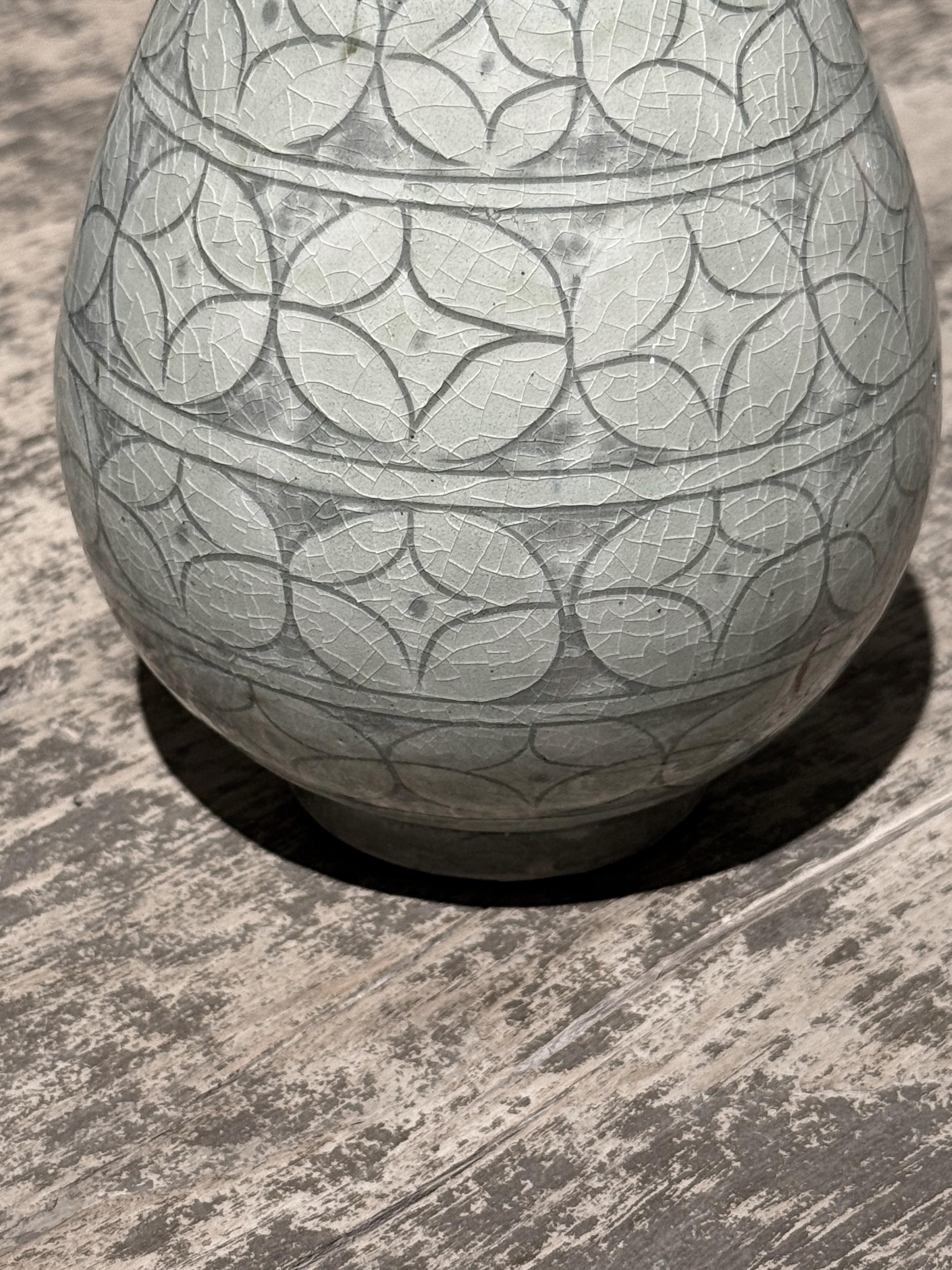 Grey, Sage Geometric Patterned Tulip Shape Vase, China, Contemporary For Sale 2