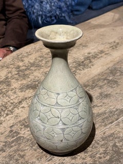 Contemporary Chinese Vase with Grey, Sage Glaze and Geometric Design