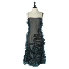 Graues durchsichtiges, glänzendes Organza mit schwarzen Rüschen CHRISTIAN LACROIX