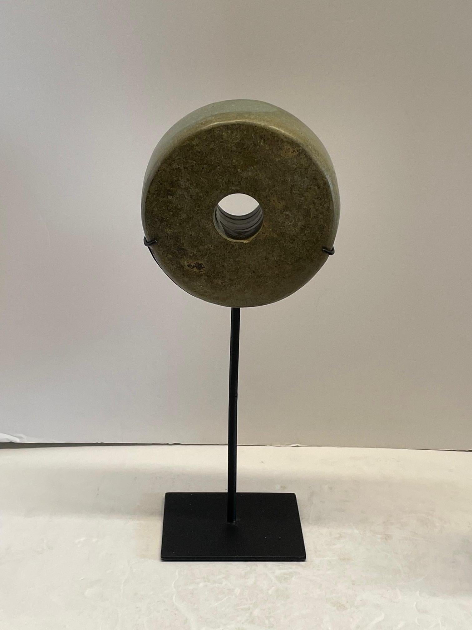 Chinese Grey Set Of Two Thick Stone Discs On Stands, China, Contemporary For Sale