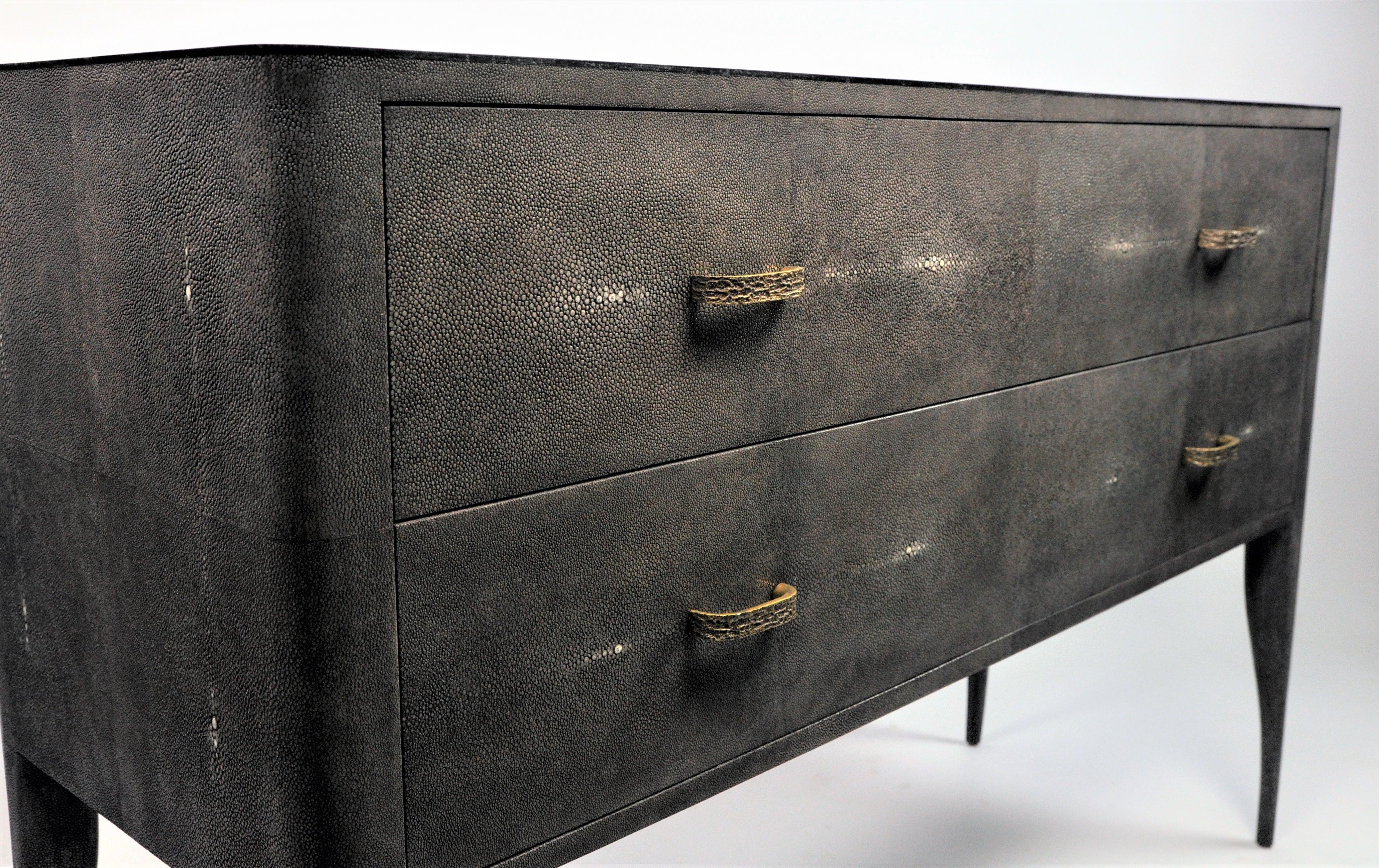 French Grey Shagreen Chest of Drawers with Black Stone Marquetry by Ginger Brown For Sale