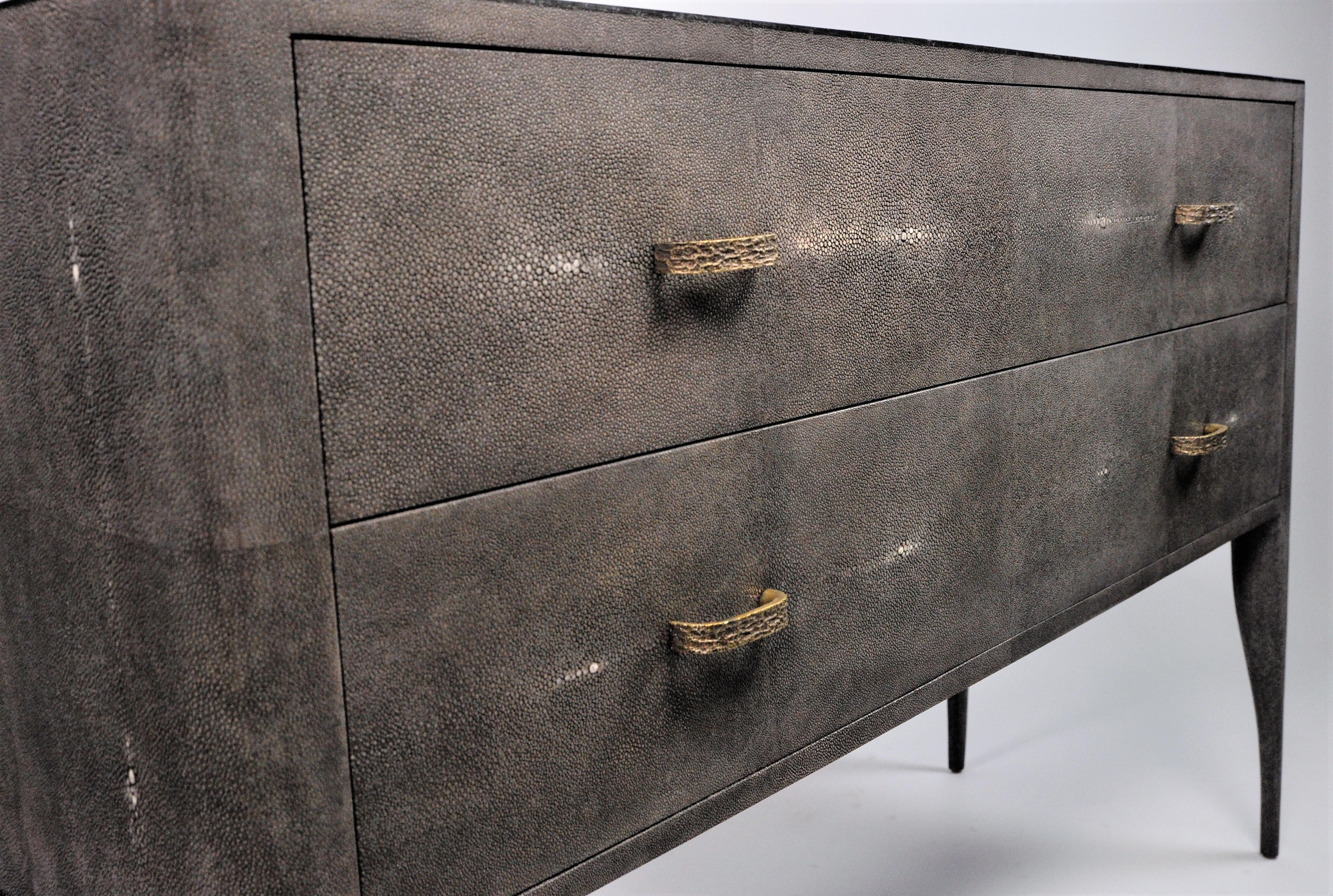 Hand-Crafted Grey Shagreen Chest of Drawers with Black Stone Marquetry by Ginger Brown For Sale
