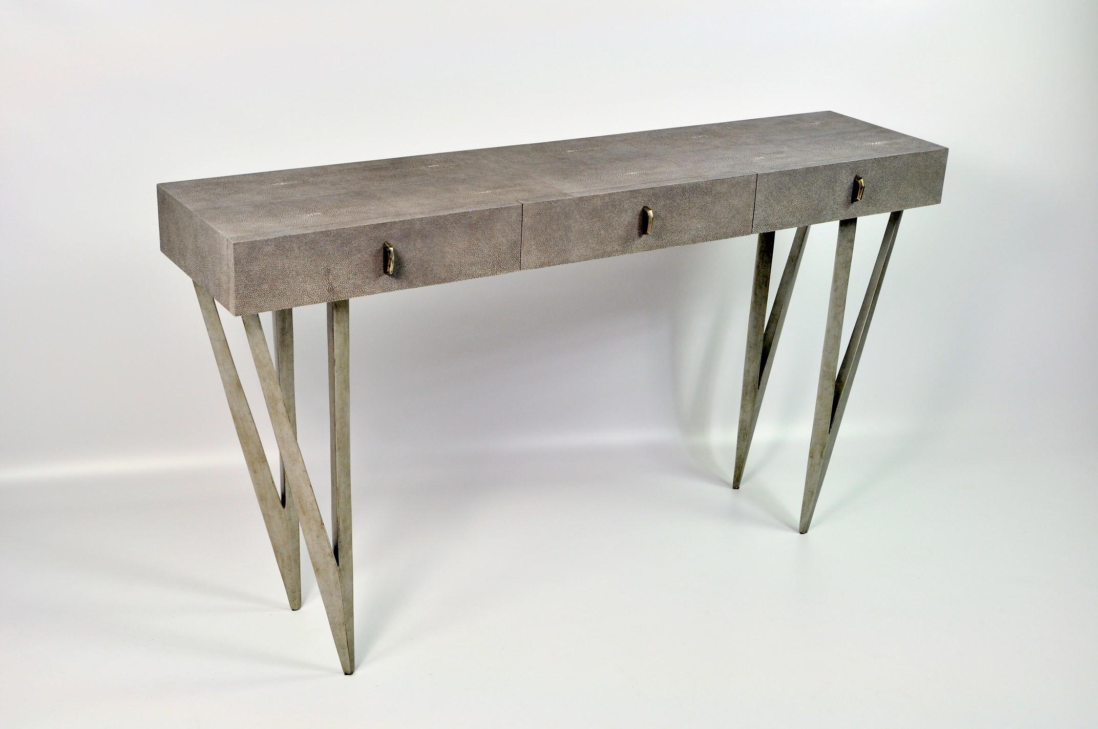 French Grey Shagreen Console Table Reef with Old Silver Patina Legs by Ginger Brown For Sale