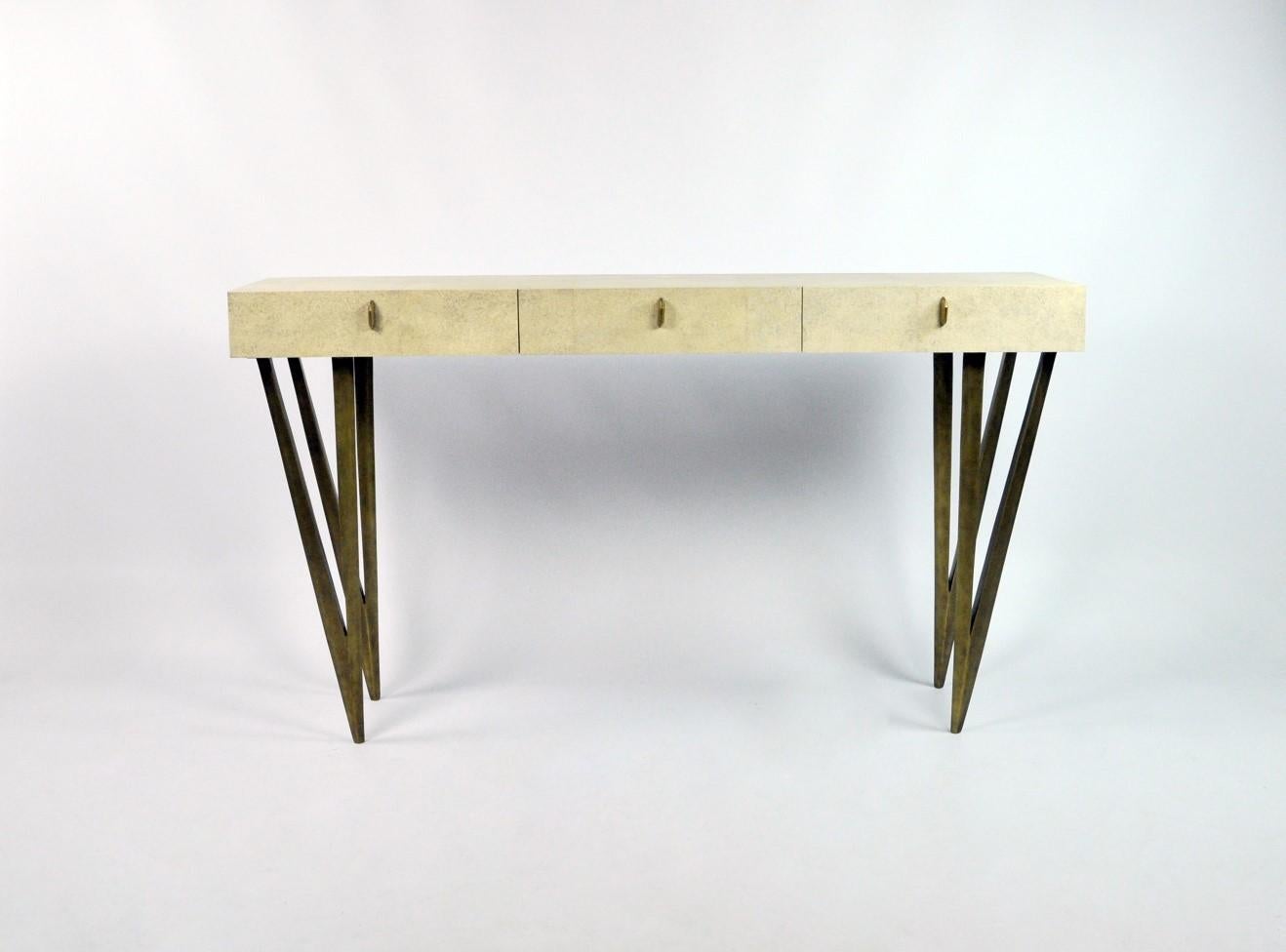 Hand-Crafted Grey Shagreen Console Table Reef with Old Silver Patina Legs by Ginger Brown For Sale