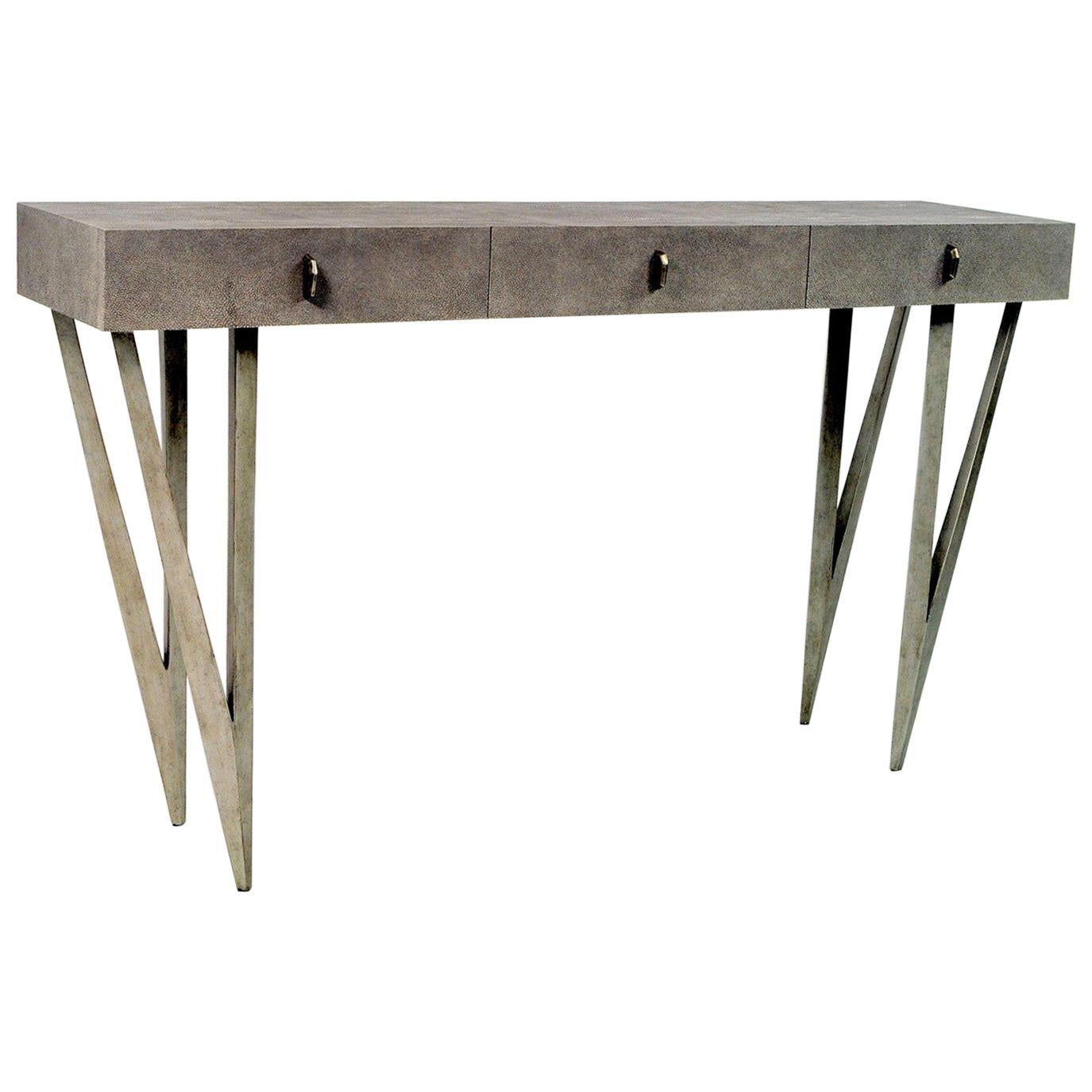 Grey Shagreen Console Table Reef with Old Silver Patina Legs by Ginger Brown