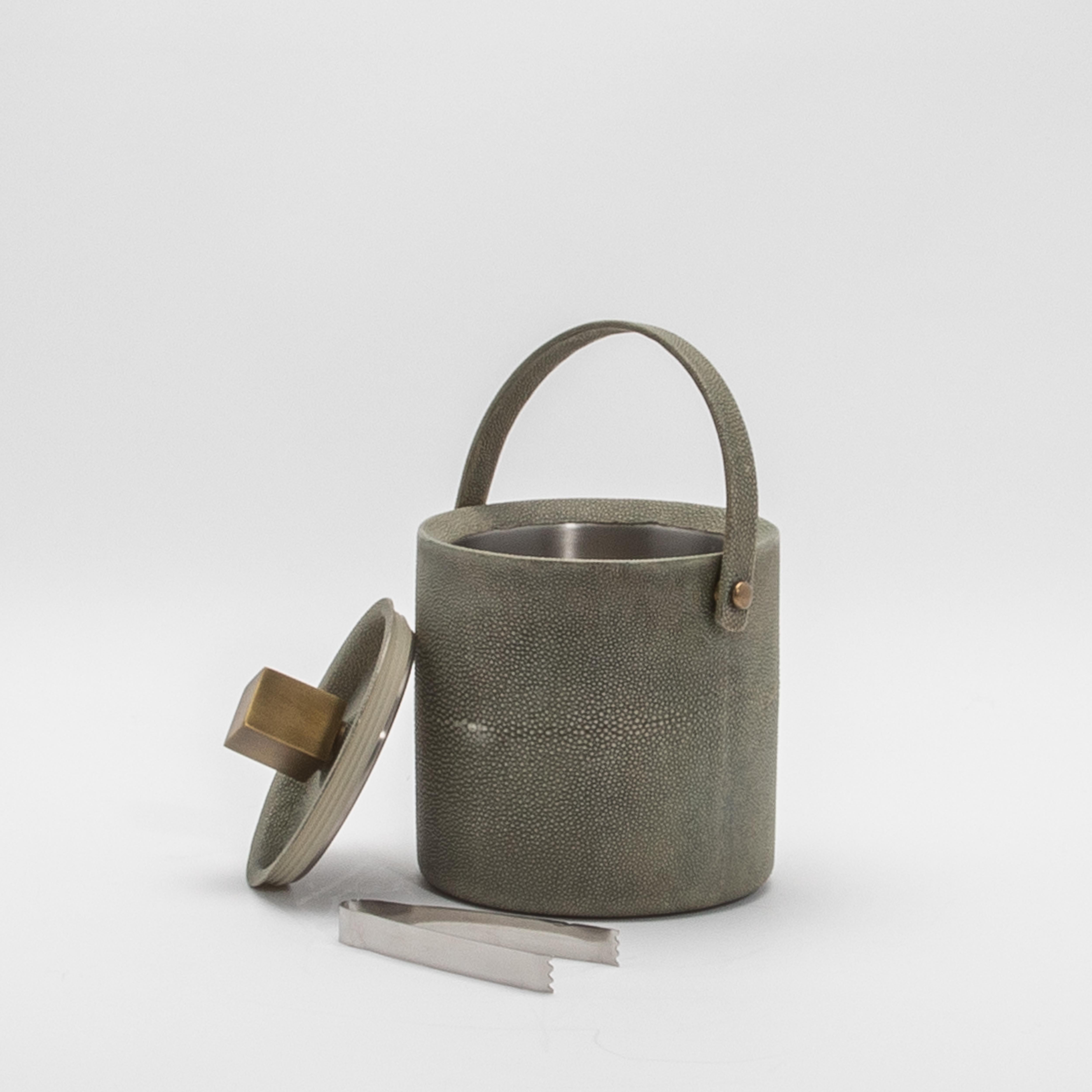 Modern Ice Bucket in Grey Shagreen with Bronze Patina Brass Details by KIFU Paris For Sale