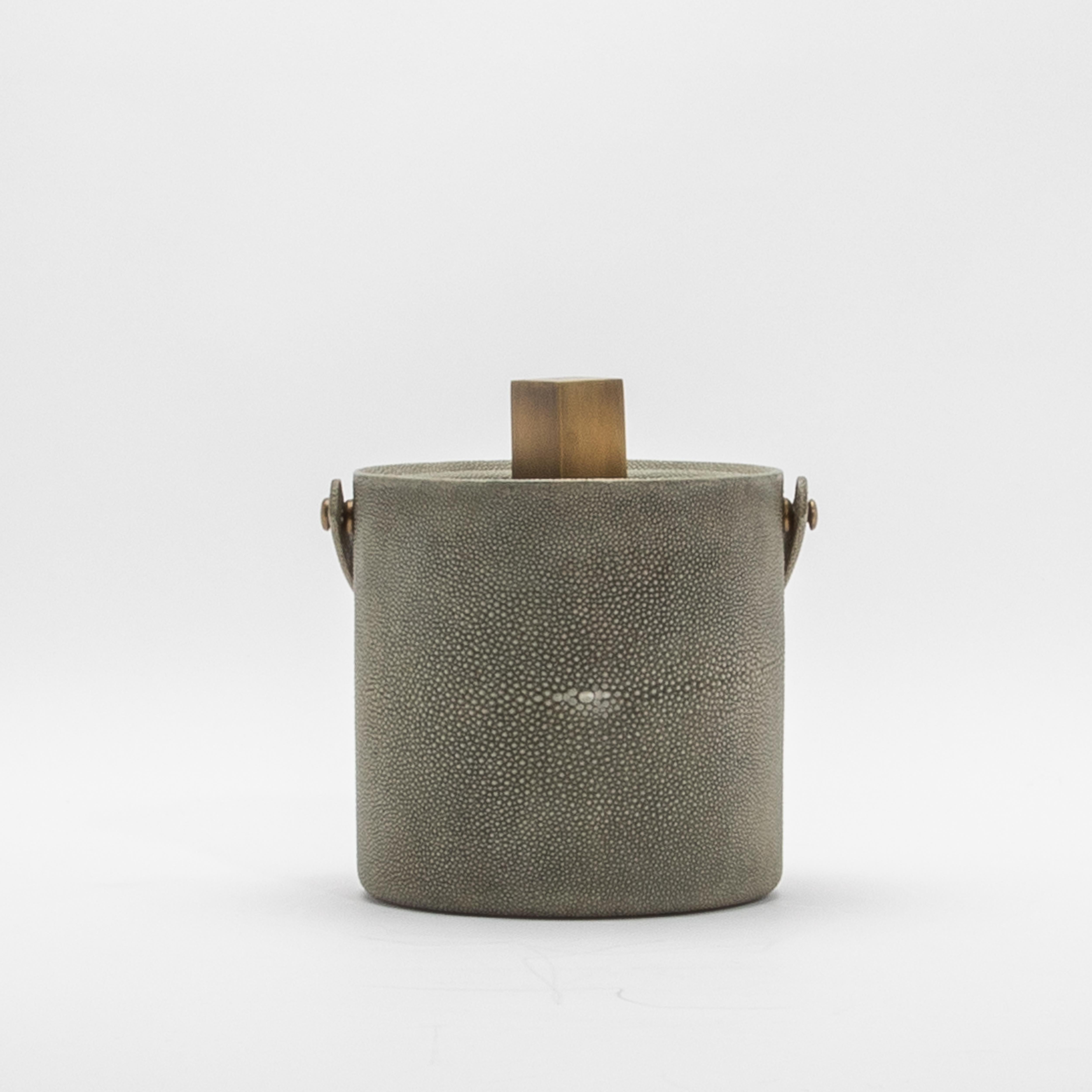 Philippine Ice Bucket in Grey Shagreen with Bronze Patina Brass Details by KIFU Paris For Sale