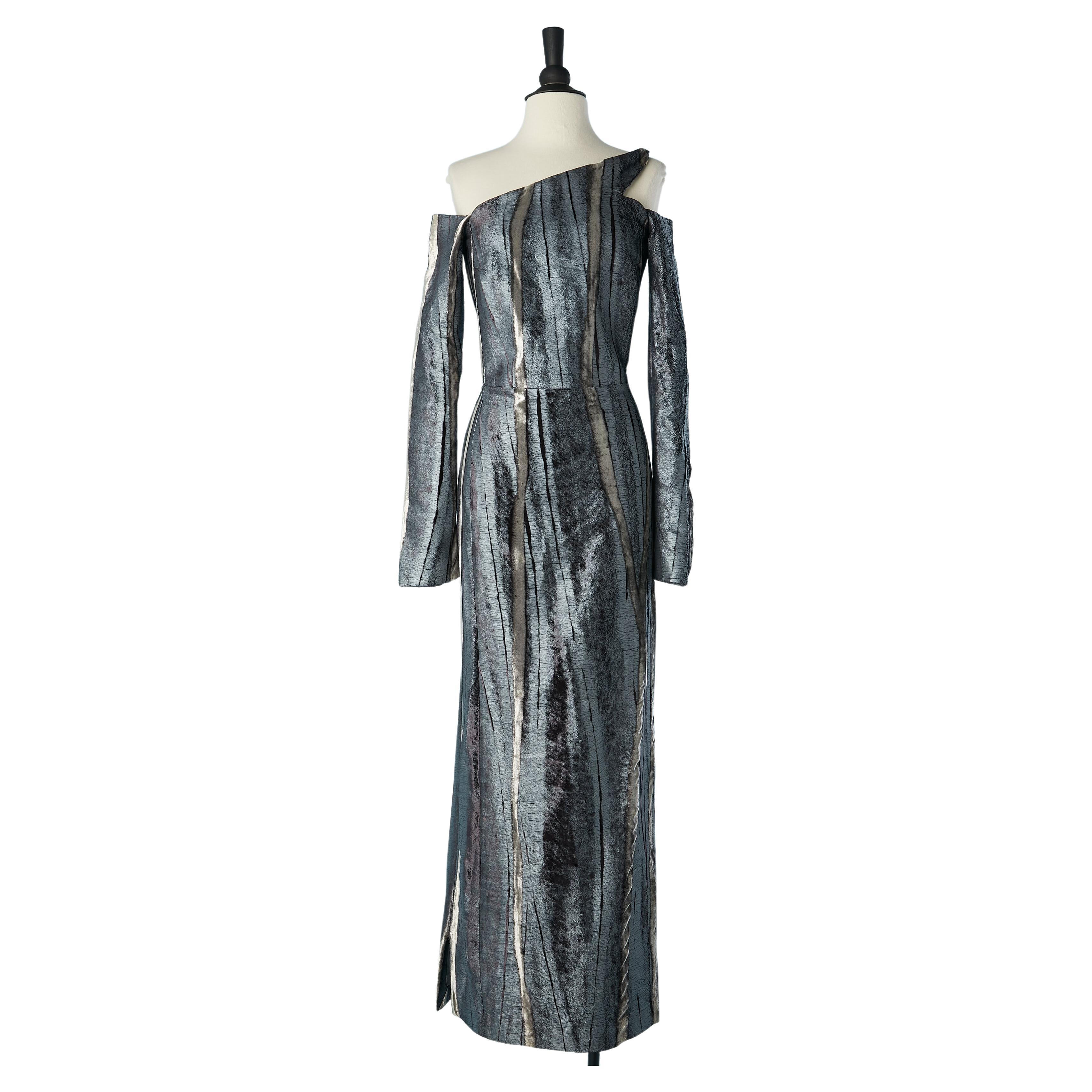 Emmanuelle Khanh - Robe de soirée asymétrique en velours de soie gris et velours enduite en vente