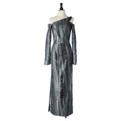 Grey silk velvet and coated velvet asymmetrical Evening dress Emmanuelle Khanh
