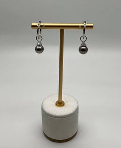 Grey Silver Black Tahitian Pearl 14K White Gold Diamonds Huggie Hoop Earrings