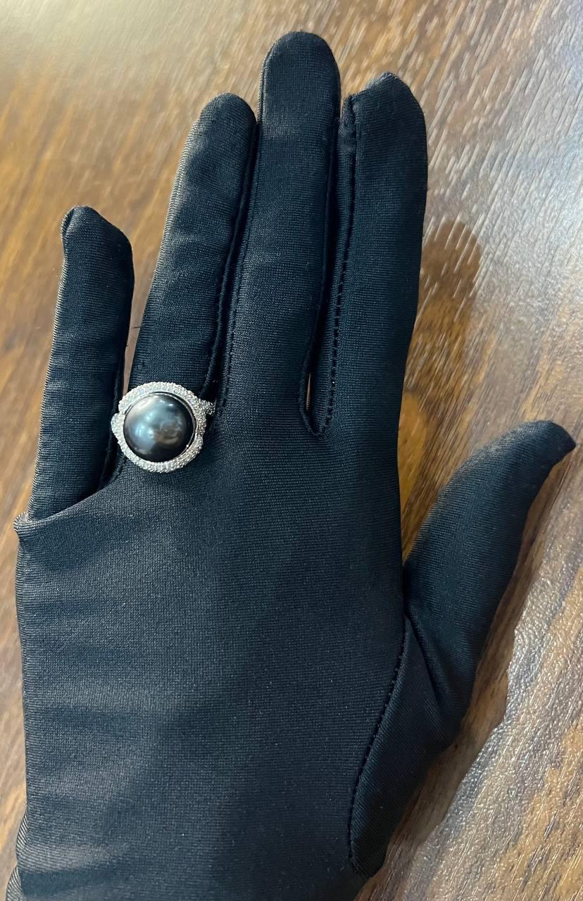 Grey Silver Black Tahitian Pearl White Gold Diamond Pave Set Spiral Bypass Ring For Sale 4