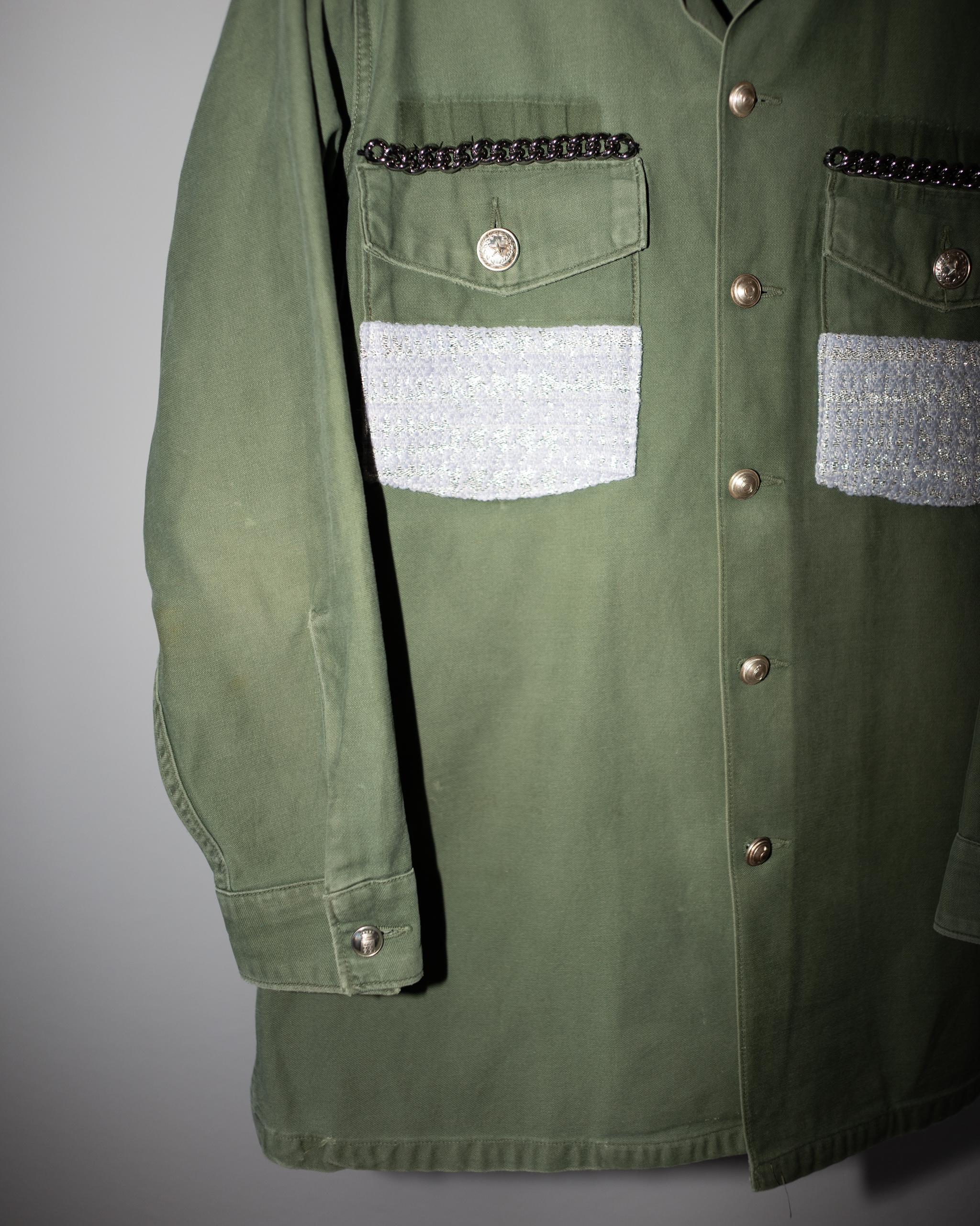 Grey Silver Lurex Tweed Green Jacket Vintage Military Chains Silver Buttons  In New Condition In Los Angeles, CA