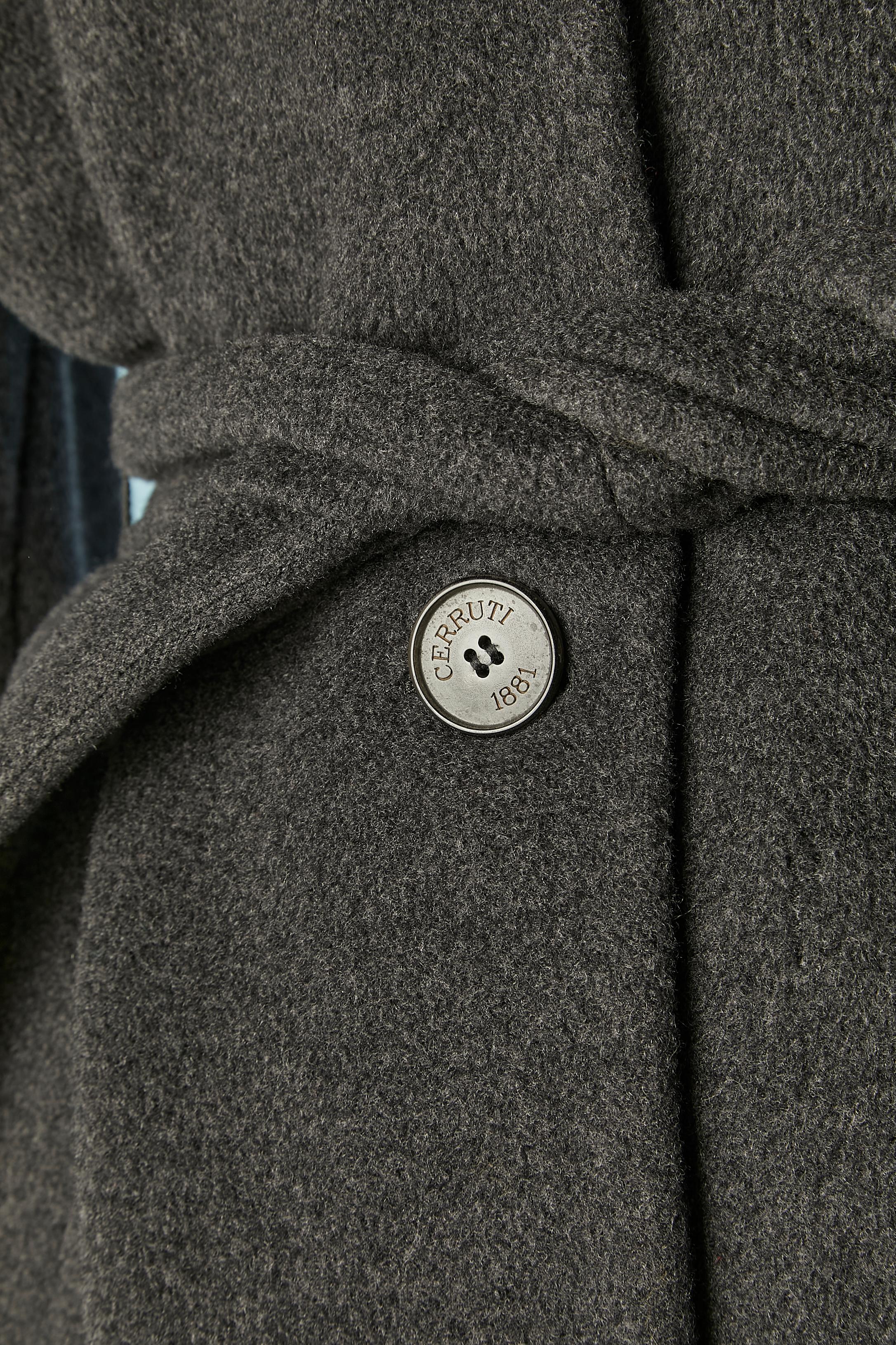 Women's Grey single breasted wool coat with fur collar and belt CERRUTI 1881  For Sale