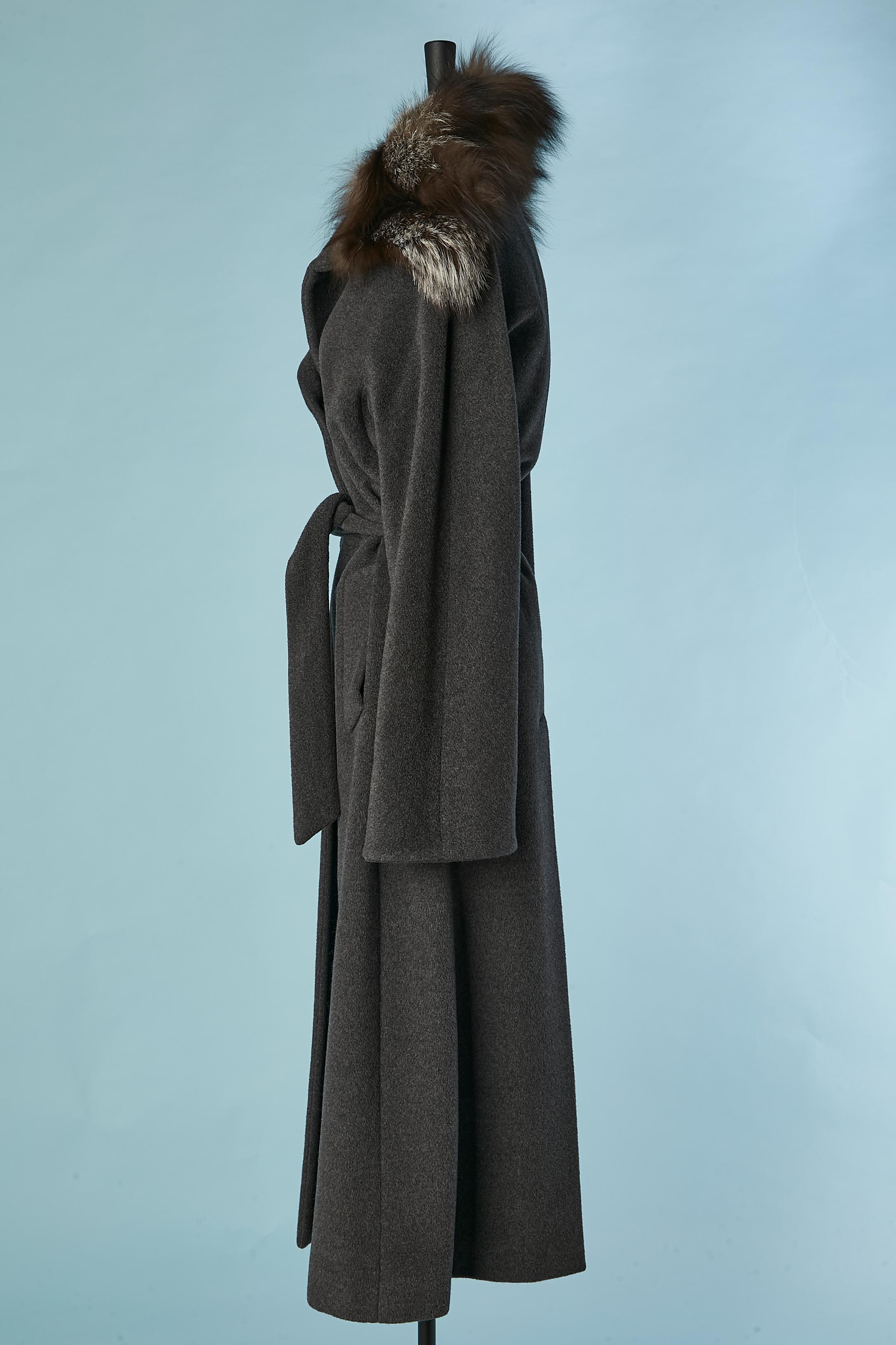 Grey single breasted wool coat with fur collar and belt CERRUTI 1881  For Sale 1