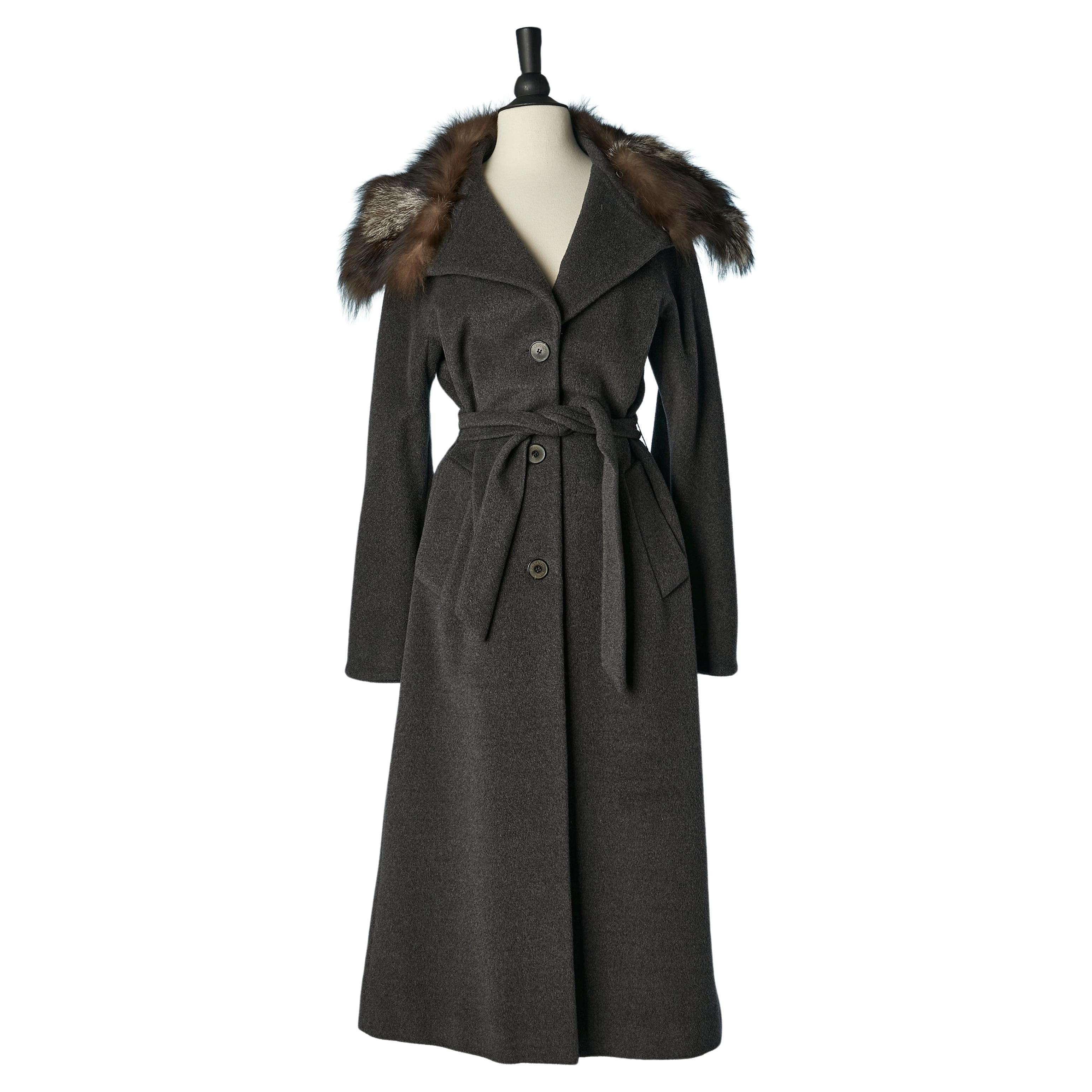 Grey single breasted wool coat with fur collar and belt CERRUTI 1881  For Sale