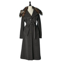 Grey single breasted wool coat with fur collar and belt CERRUTI 1881