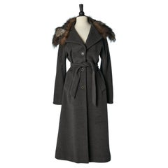 Vintage Grey single breasted wool coat with fur collar and belt CERRUTI 1881 