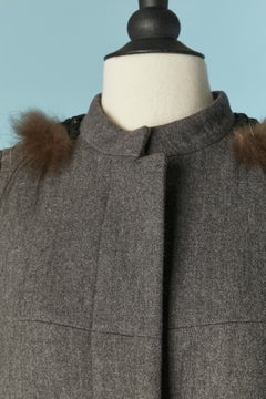 Grey single breasted wool coat with furs and beadwork collar FENDI