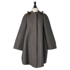 Grey single breasted wool coat with furs and beadwork collar FENDI