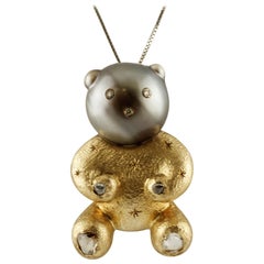 Grey South Sea Pearl, Diamonds, 9 Karat Rose Gold Lovely Bear Pendant