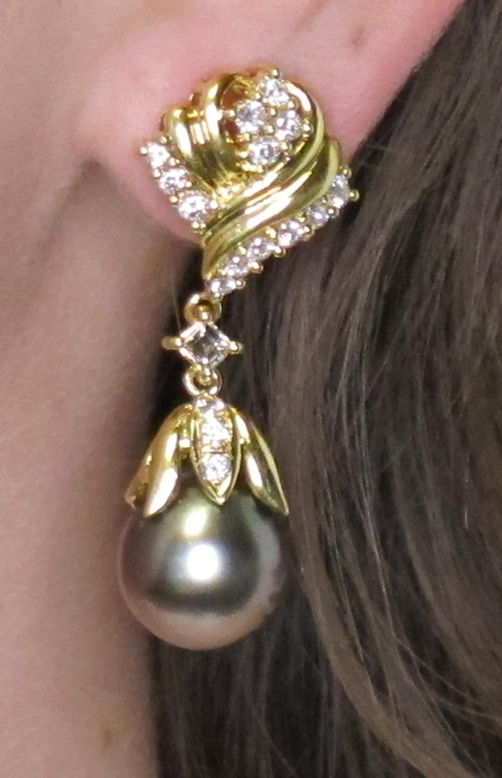  11.25mm South Sea Pearl and Diamond Dangle Earrings in 18k Yellow Gold  3