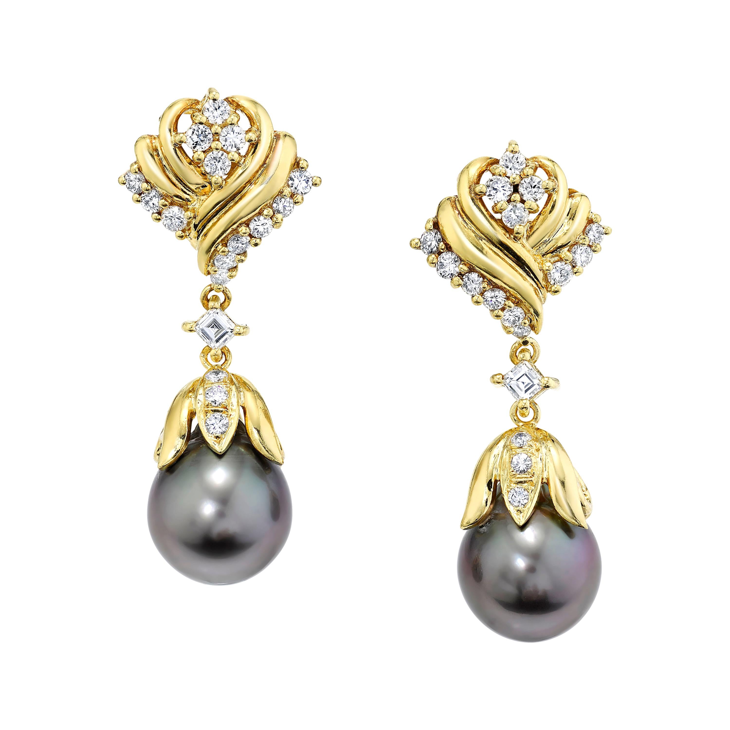  11.25mm South Sea Pearl and Diamond Dangle Earrings in 18k Yellow Gold 